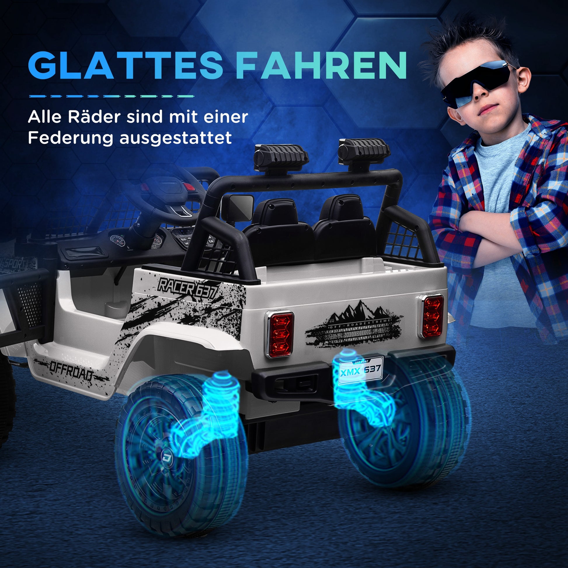 Kinder-Elektroauto mit sanfter Federung, fernsteuerbar, LED-Lichter, Hupe, 12V, Kunststoff und Metall