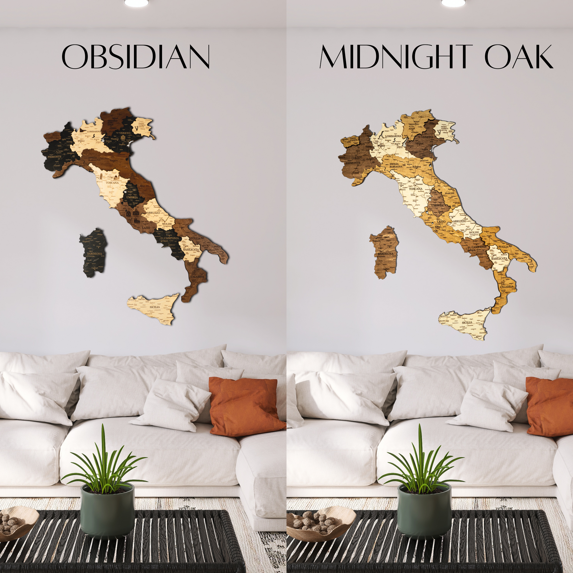 3D Holzkarte Italien – Handgefertigte Wanddeko mit Toskana & Sizilien