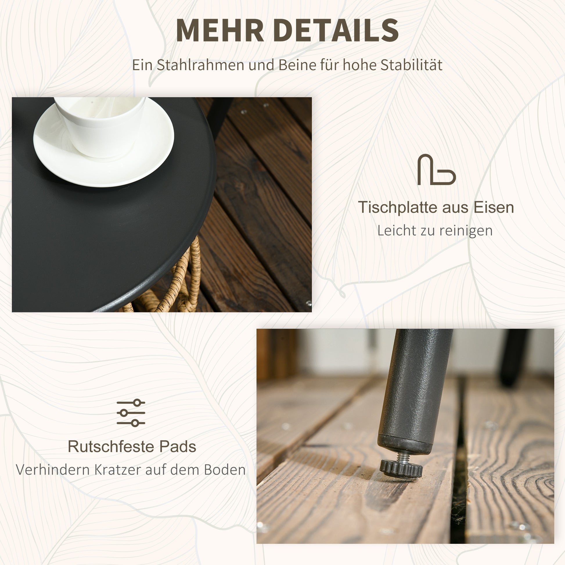 3-teiliges Bistro-Set, wetterbeständig, 1 Beistelltisch, 2 Stühle, 62 cm x 65 cm x 78 cm