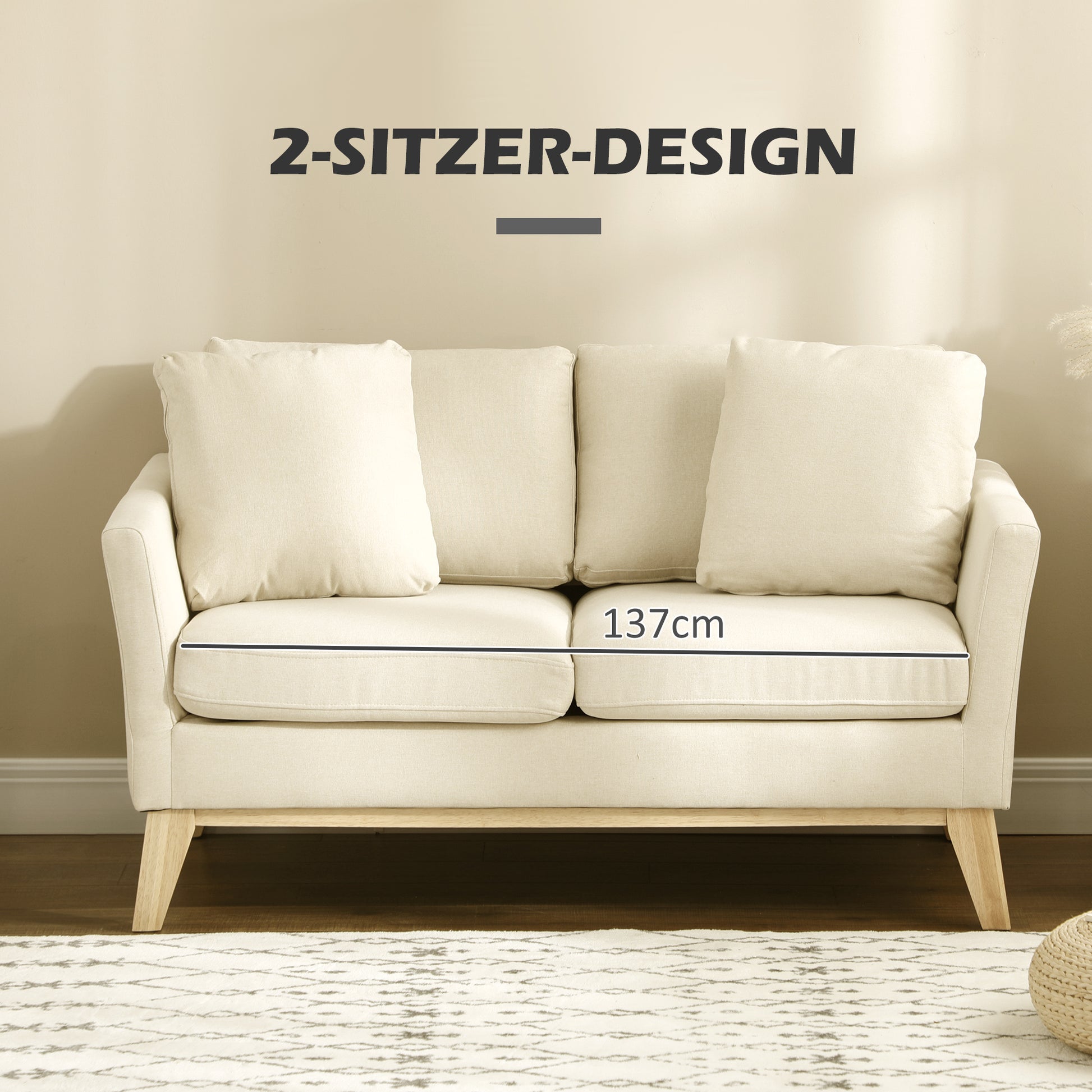 2 Sitzer Sofa, skandinavisches Design, 2 Wurfkissen, Naturholzrahmen, beige, 137 x 78 x 78 cm