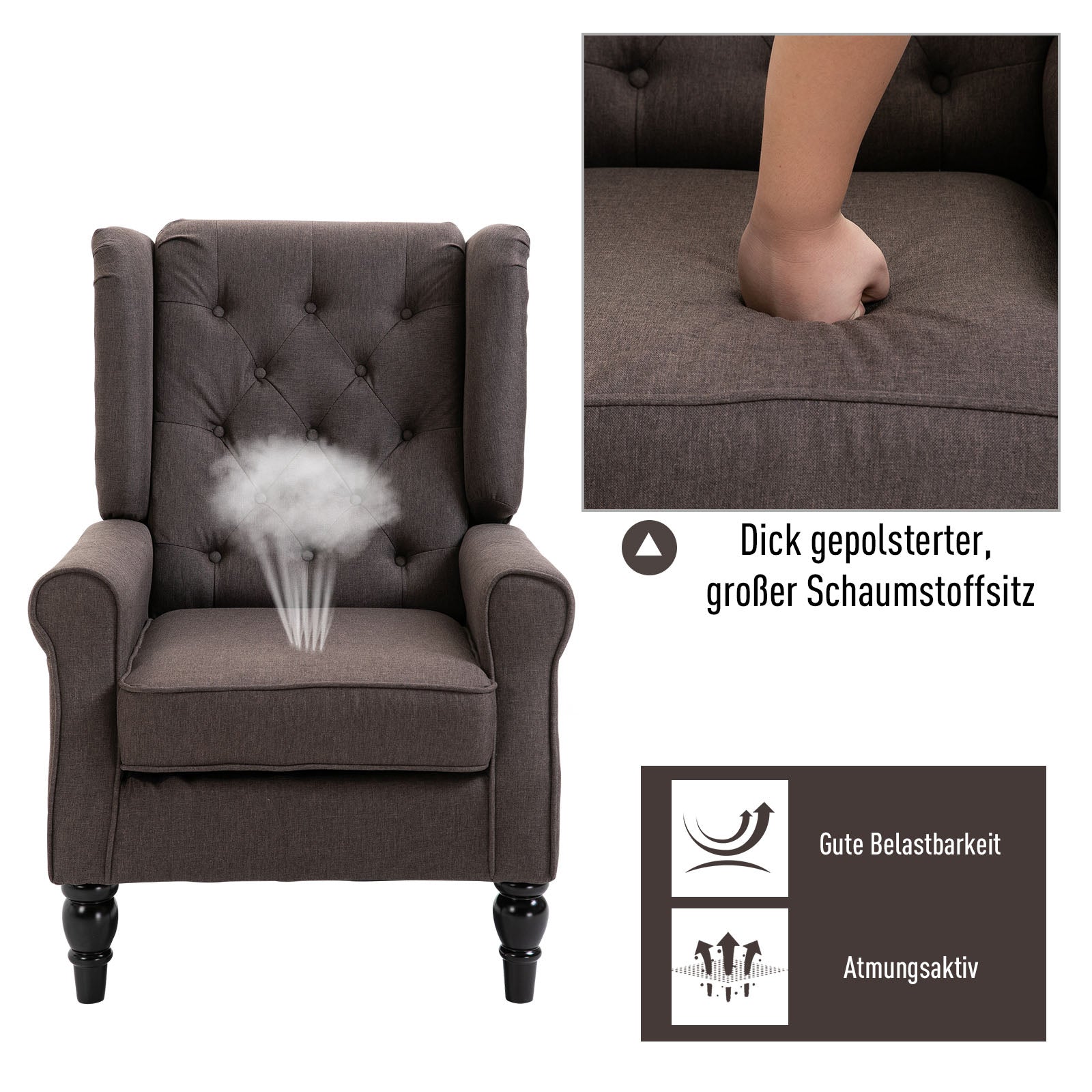 Ohrensessel mit Tufting, hoher Rückenlehne, Loungesessel mit abgerundeten Armlehnen, Holzbeine, bis 160 kg