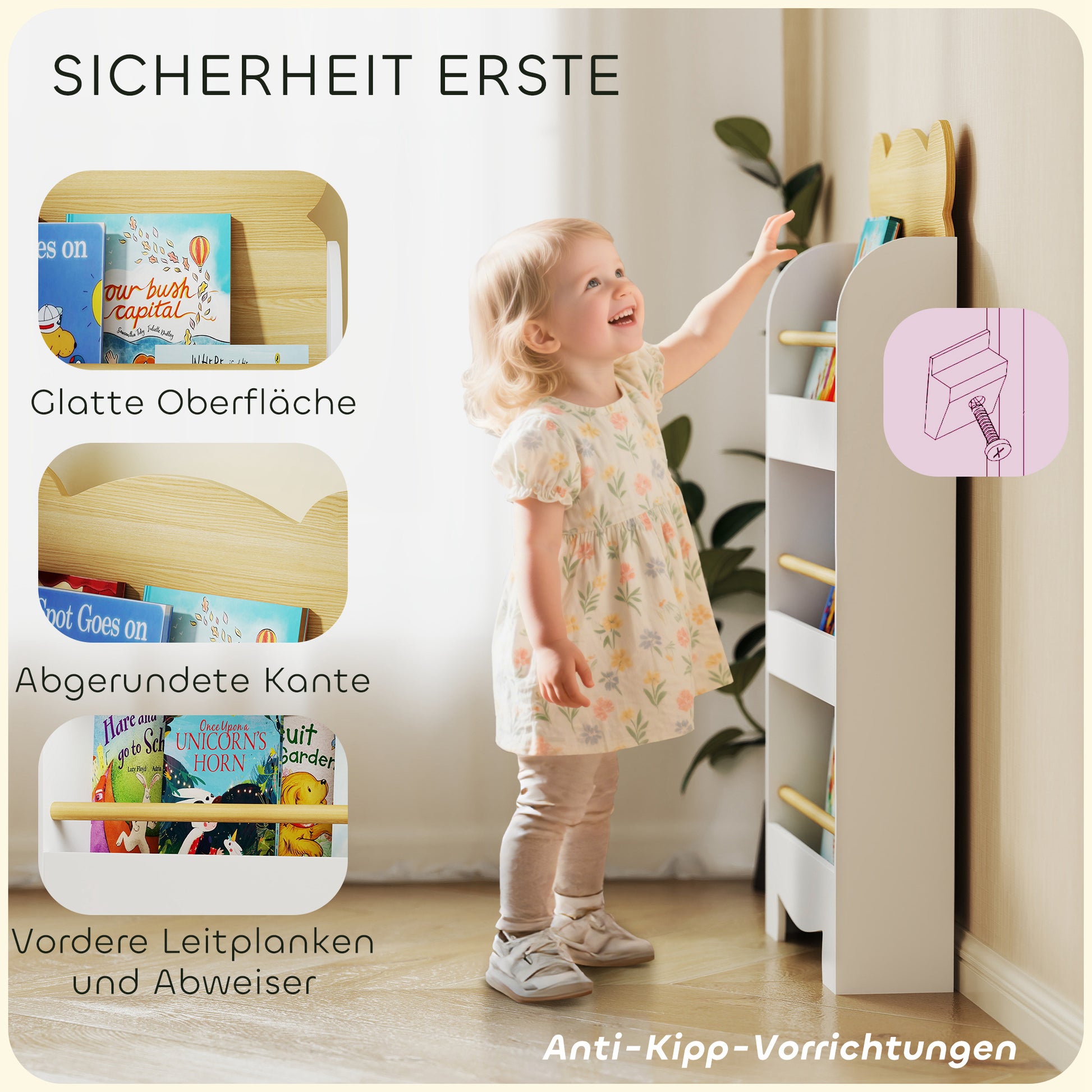 Bücherregal für Kinder Kinderregal mit 3 Ablagen Aufbewahrungsregal aus Holz 55x15x110cm