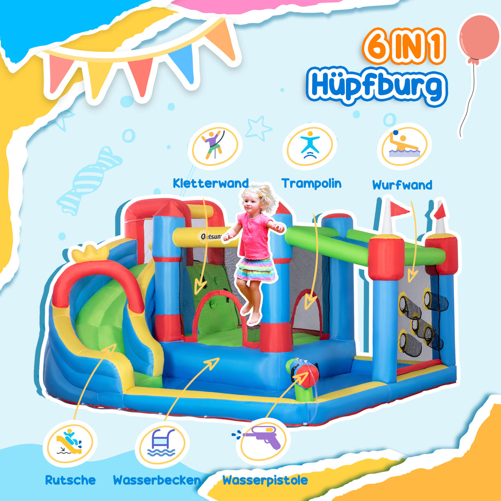 Hüpfburg Märchenschloss mit Rutsche & Pool – inkl. Gebläse, Tasche & Zubehör – 390×300×197 cm – Bunt