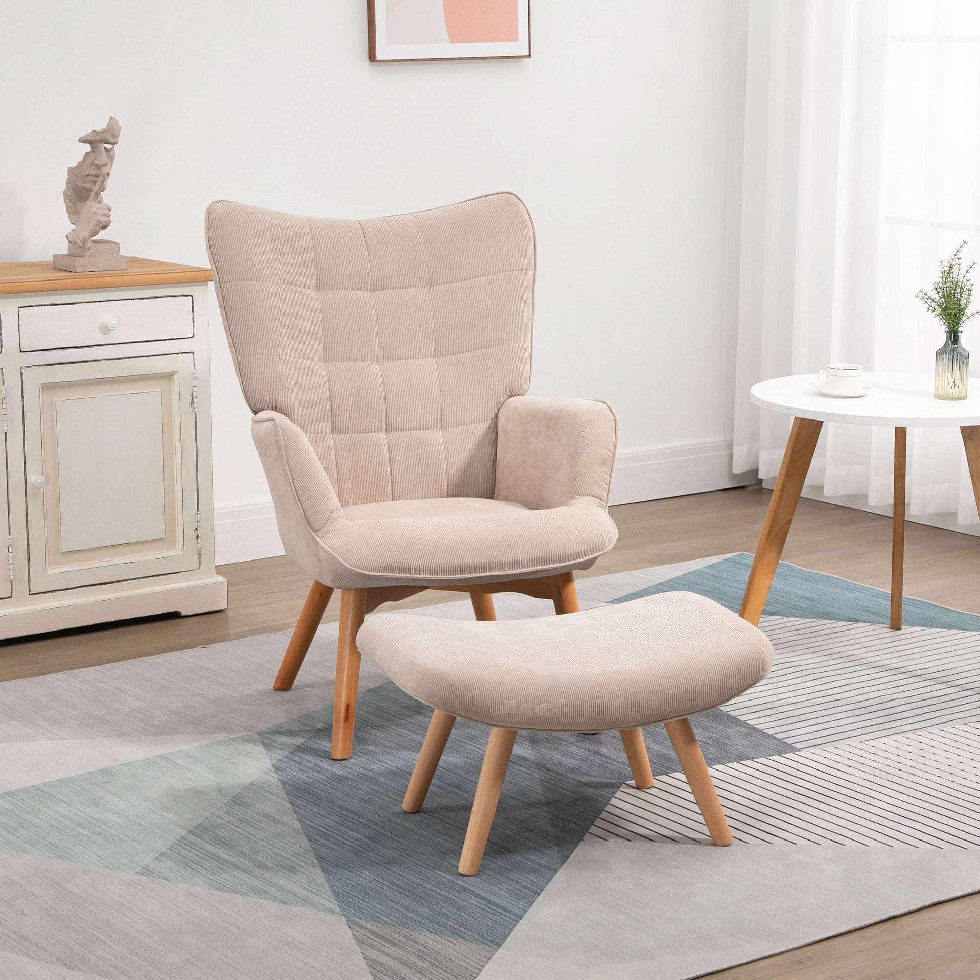 Akzentsessel mit Hocker, Relaxsessel in Cord-Optik, Armlehnstuhl mit Holzbeinen