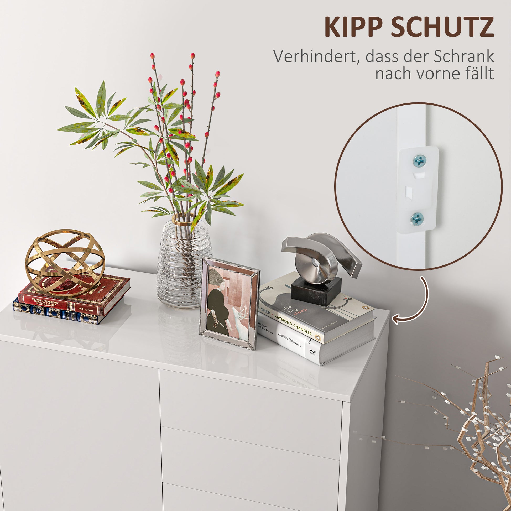 Aufbewahrungsschrank mit 2 Schubladen, 2 Türen, mit Kippschutz, für Wohnzimmer, Schlafzimmer, 79 x 36 x 74 cm Weiß