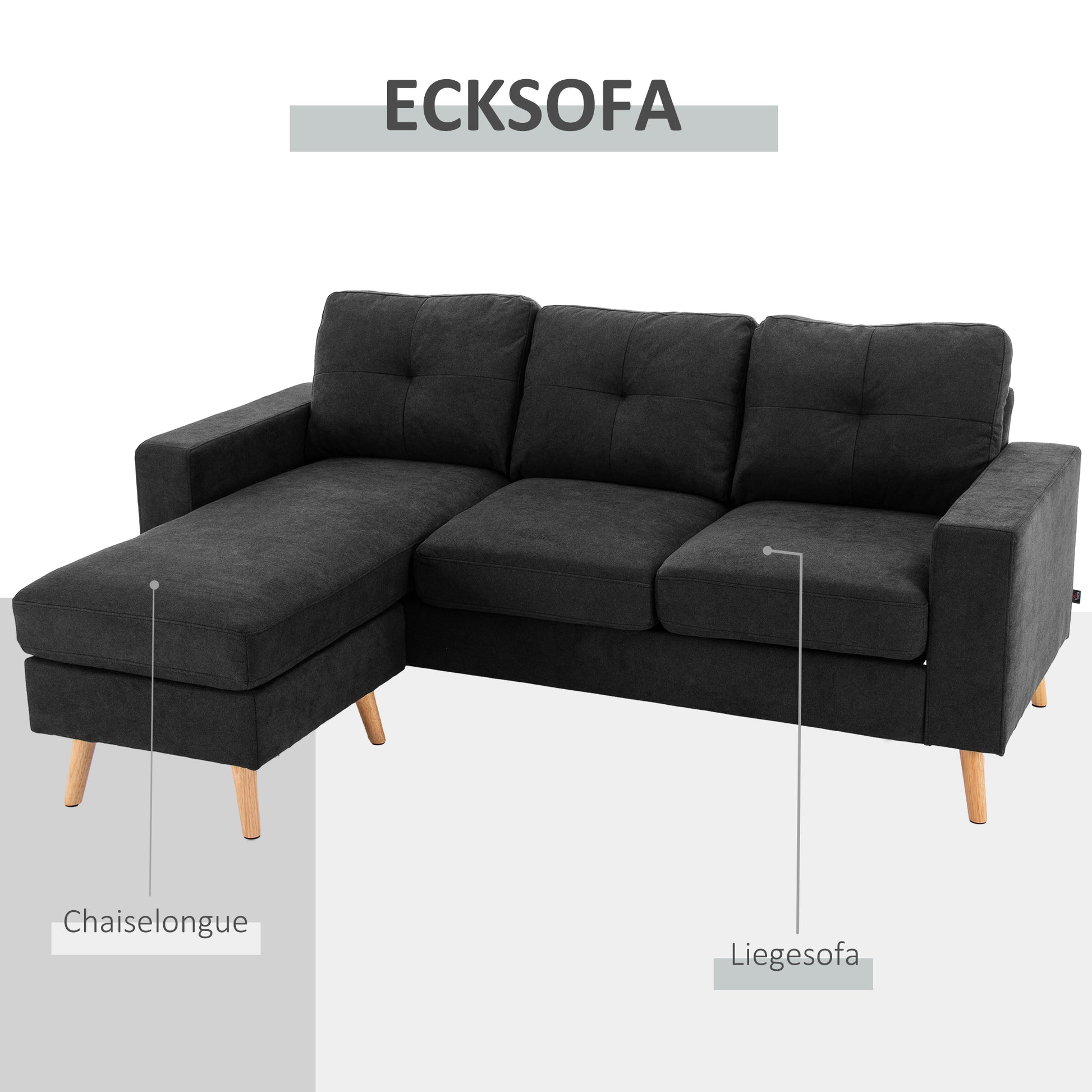 Ecksofa L-Form graue Eckcouch mit Chaiselongue Leinenoptik für 3 Personen 193x136x85cm Schwarz