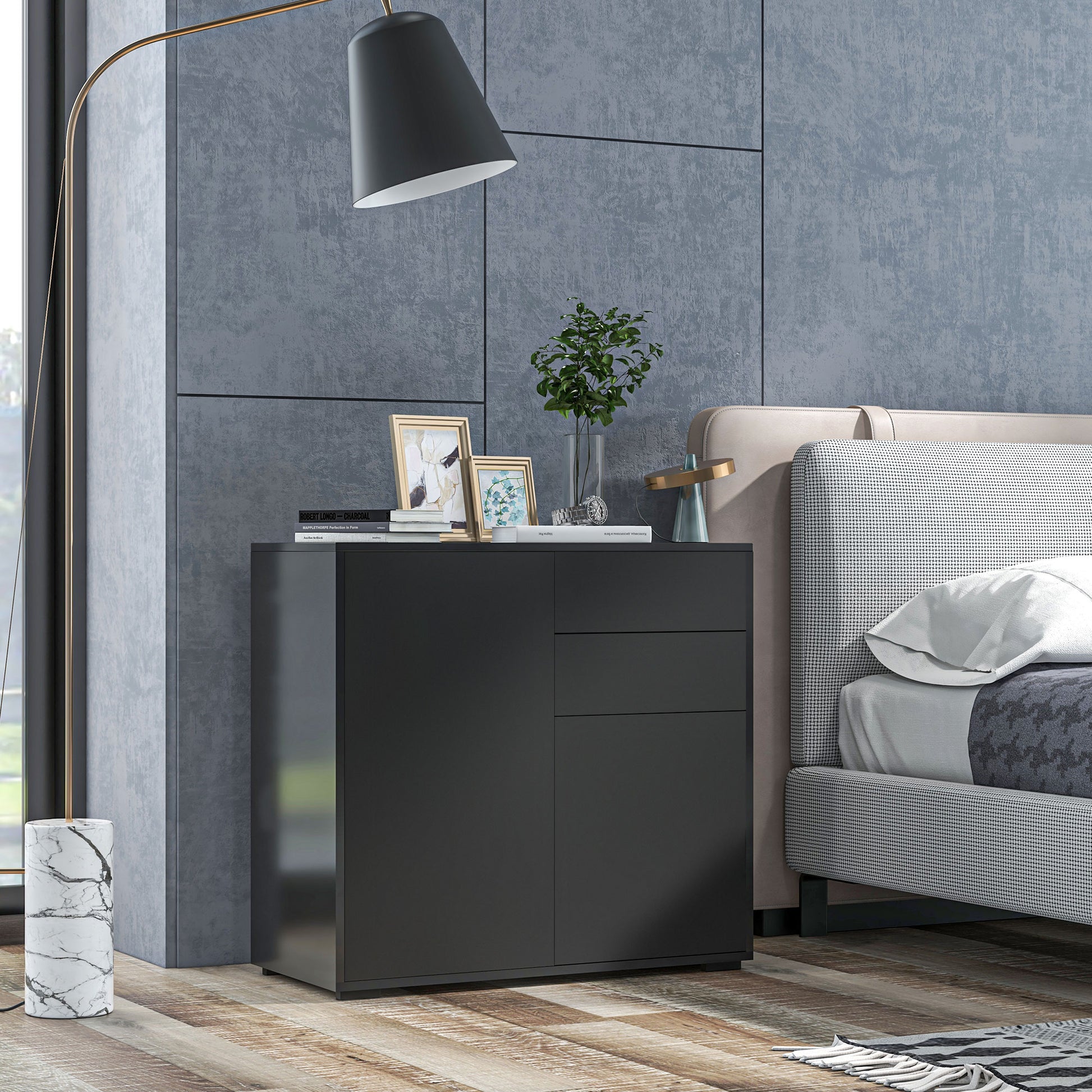 Aufbewahrungsschrank mit 2 Schubladen, 2 Türen, mit Kippschutz, für Wohnzimmer, Schlafzimmer, 79 x 36 x 74 cm Schwarz