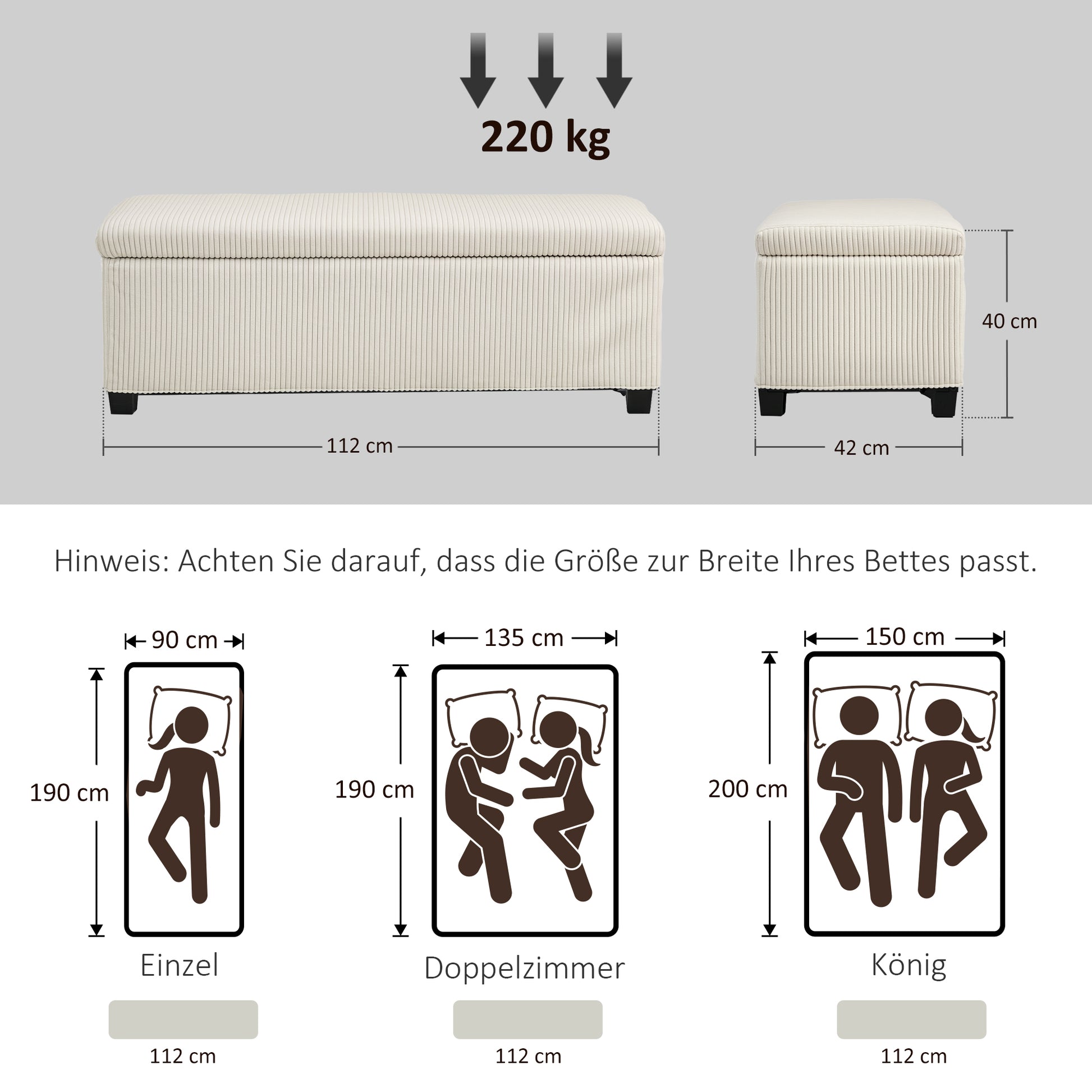 Sitzbank mit Stauraum, Aufbewahrungsbank, Cord-Design, Stahlrahmen, Beige