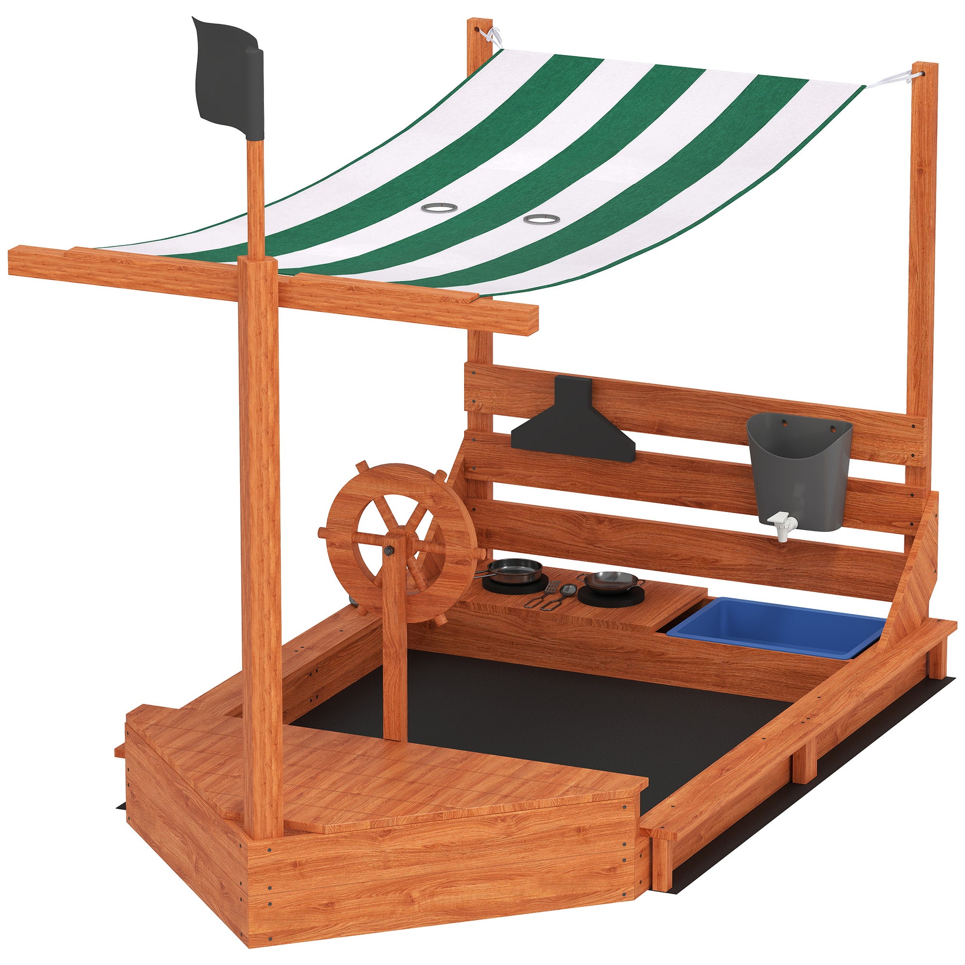 Sandkasten mit Sonnendach Piratenschiff, inkl. Kinderküchenspielset, Massivholz, 180x103x144,5 cm