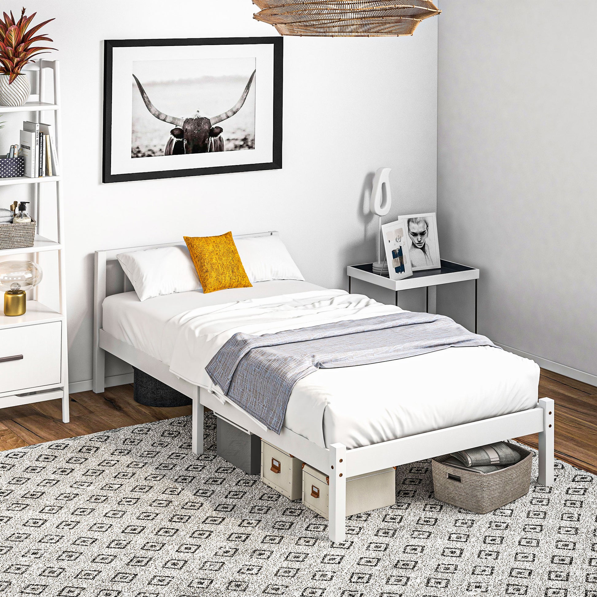 Bettrahmen Holzbett 208 x 96 cm mit Lattenrost & Kopfteil, elegantes Einzelbettgestell für Schlafzimmer in Weiß