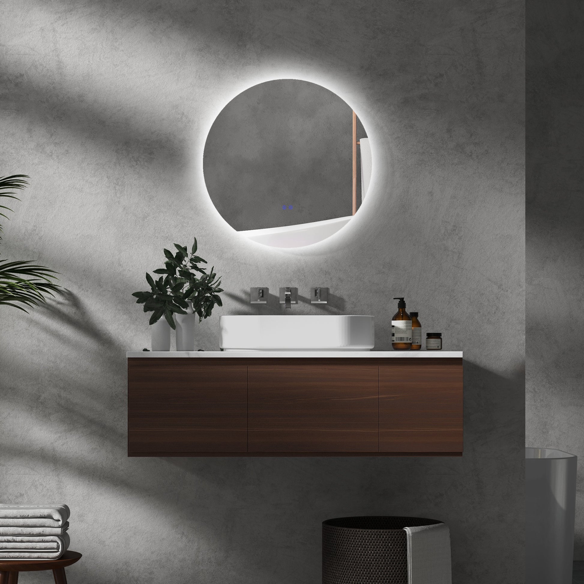 Badezimmerspiegel, LED, Farbwechsel, Antibeschlag, Touch-Schalter, IP44, Ø 60 cm, Weiß