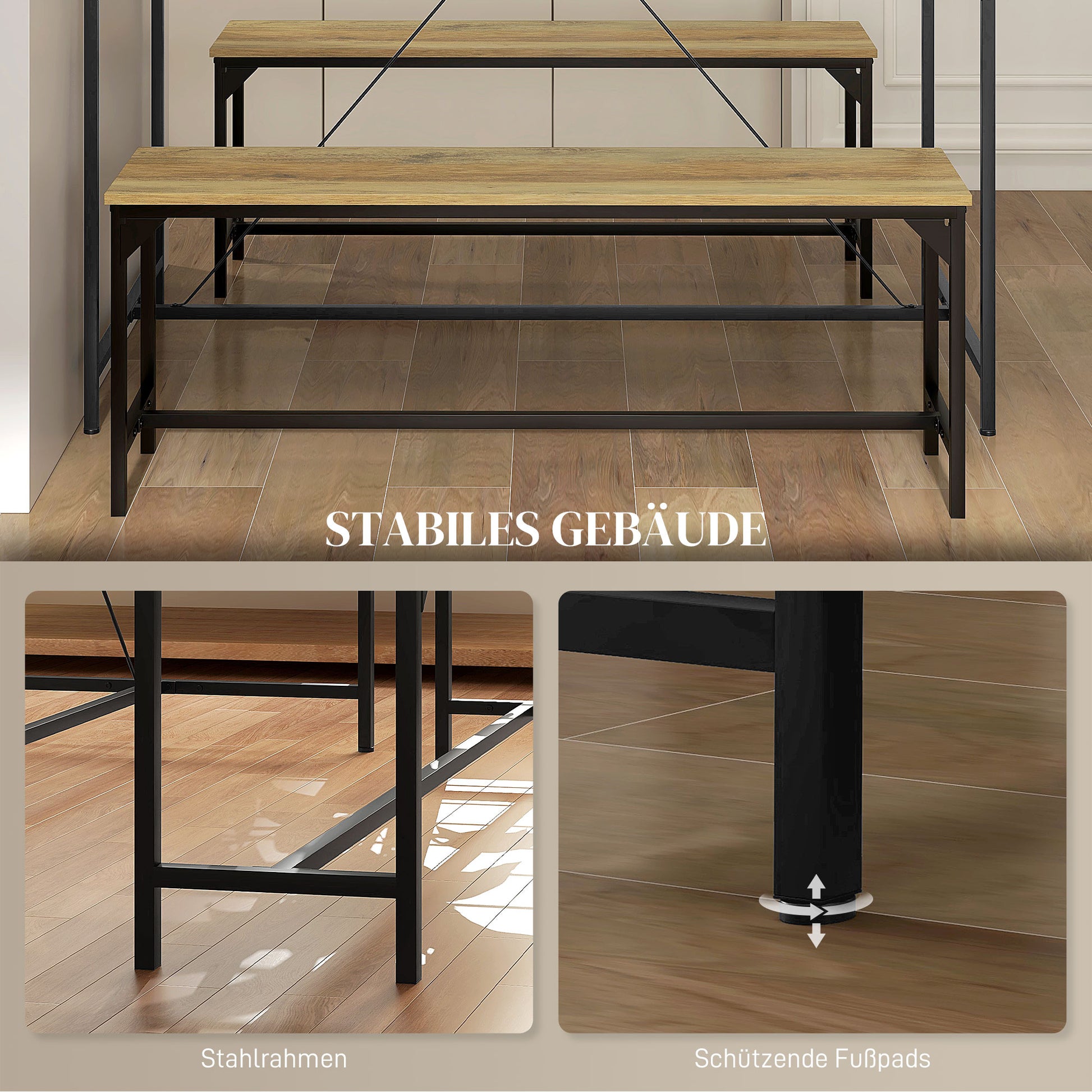 Essgarnitur, Tisch & 2 Bänke, Industrial Design, Stahlrahmen, Holzdekor/Schwarz