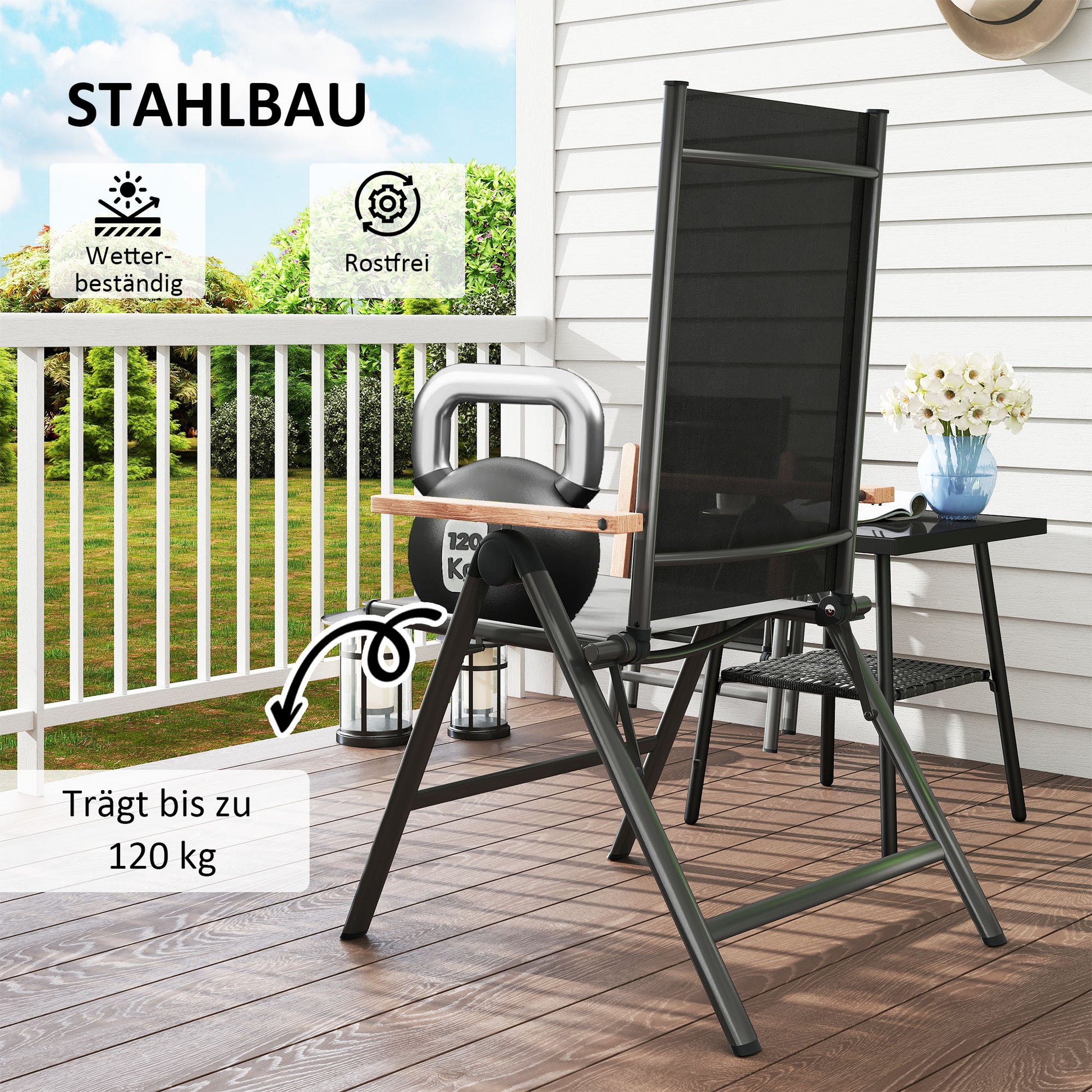 Gartenstuhl aus Stahl Klappstuhl mit Armlehnen klappbar Balkonstuhl 120kg Belastbar