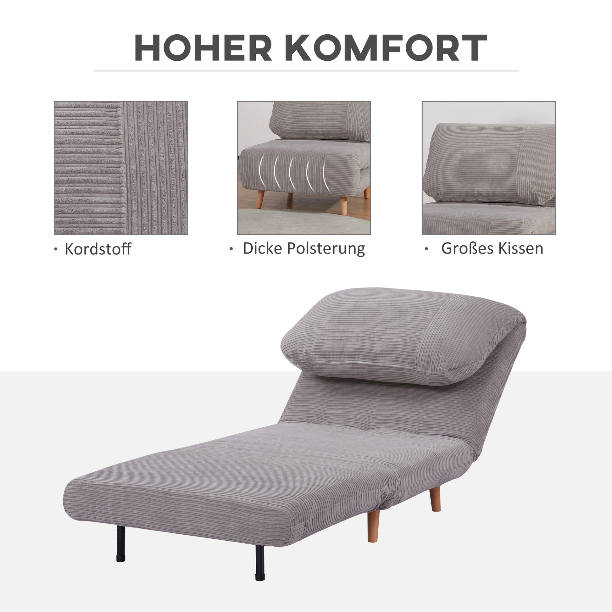 2-in-1 Schlafsessel Gästebett, bis 200 kg, verstellbare Kopfstütze Cord-Optik 82 cm x 8 cm x 83 cm