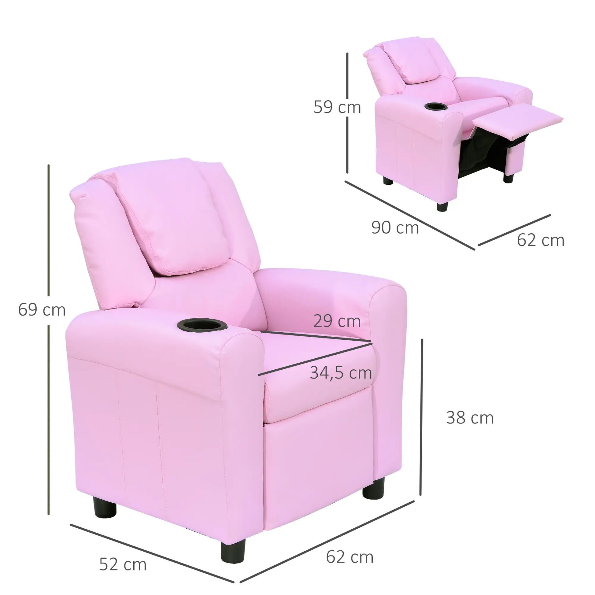 Kindersessel, Minisessel, Kindersofa für 3-6 Jahre alt, Liegefunktion, Becherhalter, 62 x 56 x 69 cm
