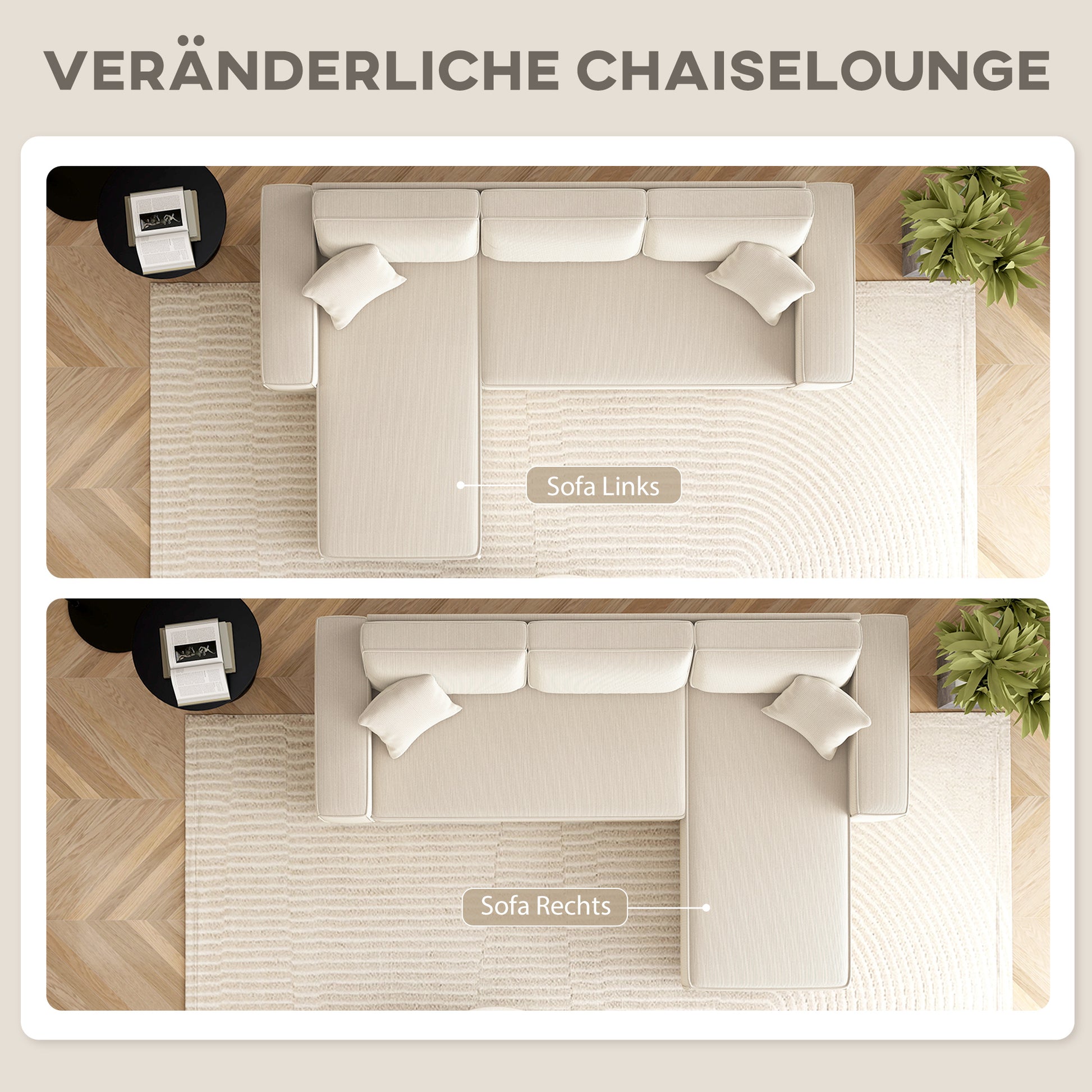 Ecksofa 3-Sitzer in L-Form Eckcouch mit Umkehrbarer Chaiselongue, 241x153x83 cm Cremeweiß