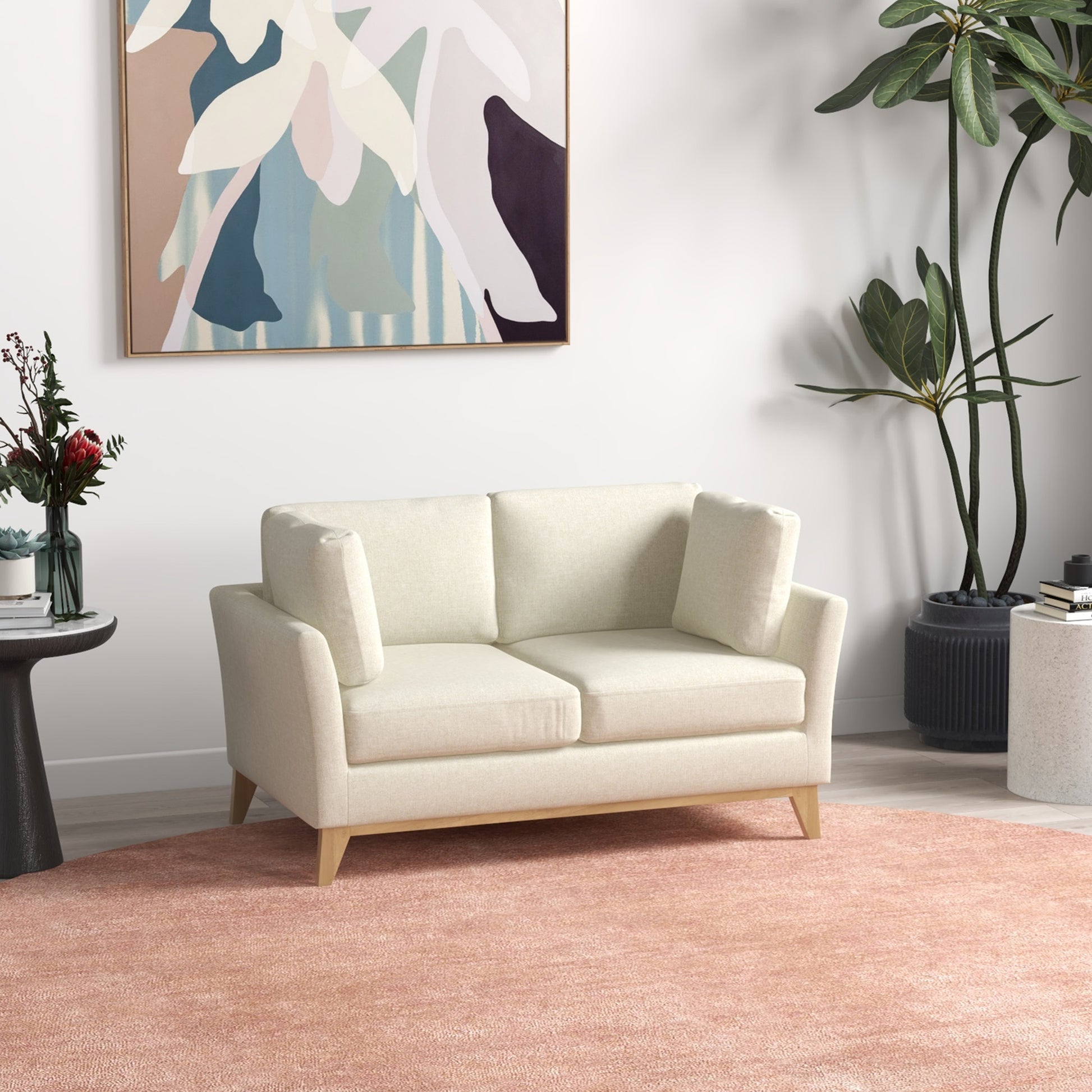2 Sitzer Sofa, skandinavisches Design, 2 Wurfkissen, Naturholzrahmen, beige, 137 x 78 x 78 cm