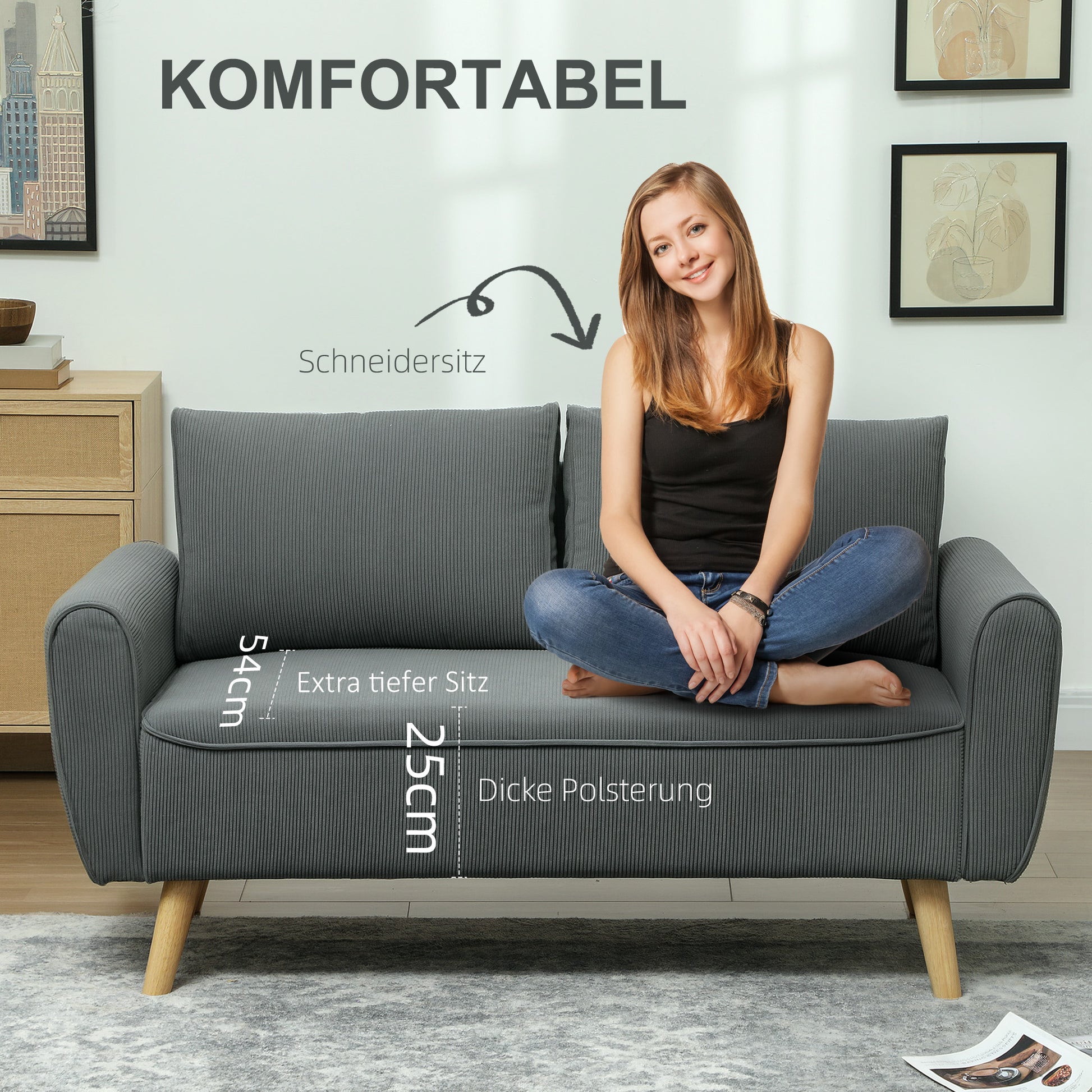 2 Sitzer-Sofa, Stoffcouch, 2 Rückenkissen, Cordbezug, 145 x 75 x 78 cm, Anthrazit