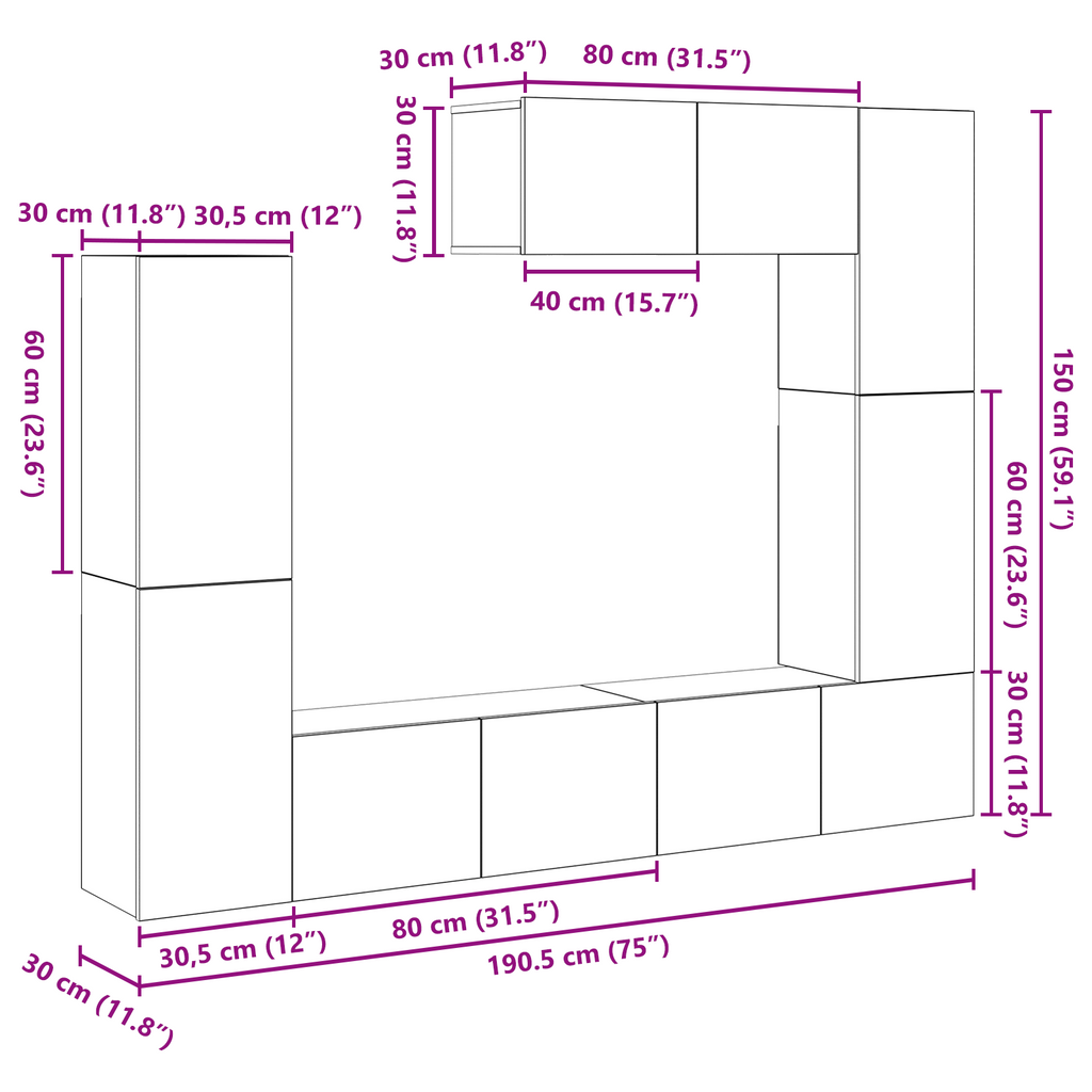 7 Teile Tv Schrank Set Wandmontiert Engineered Wood
