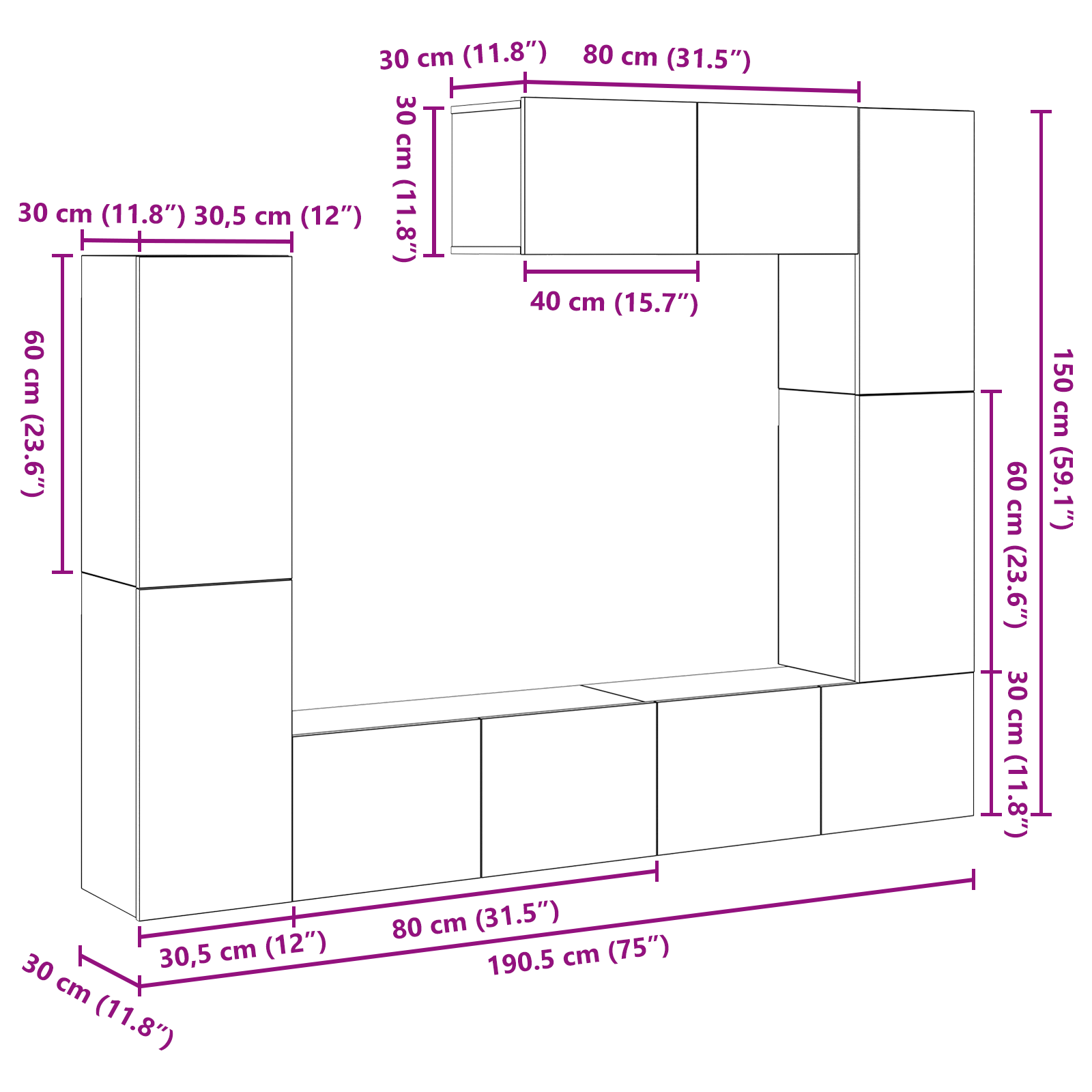 7 Teile Tv Schrank Set Wandmontiert Engineered Wood