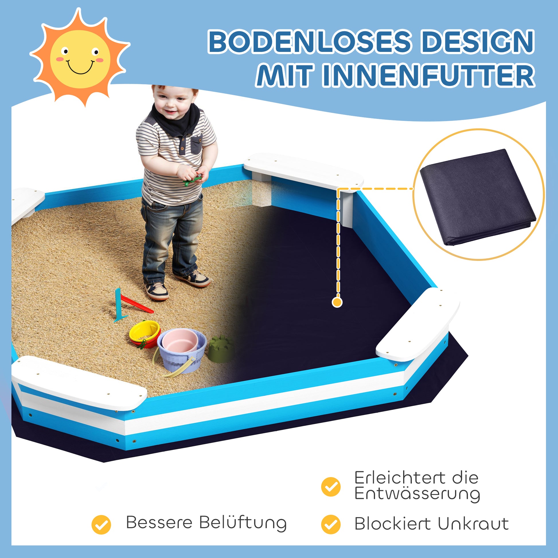 Sandkasten für Kinder, Sandkiste mit 4 Sitzen, Fichtenholz, bodenlos, Blau