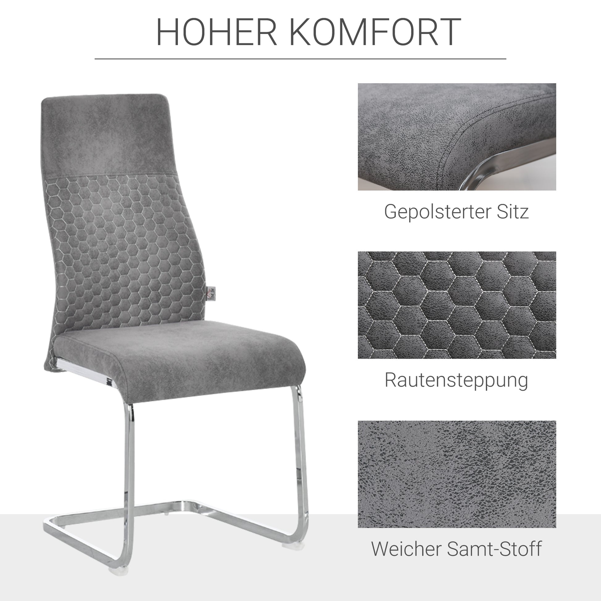 4er-Set Freischwinger Esszimmerstühle 4-teilig Küchenstühle, Mikrofaser, Grau