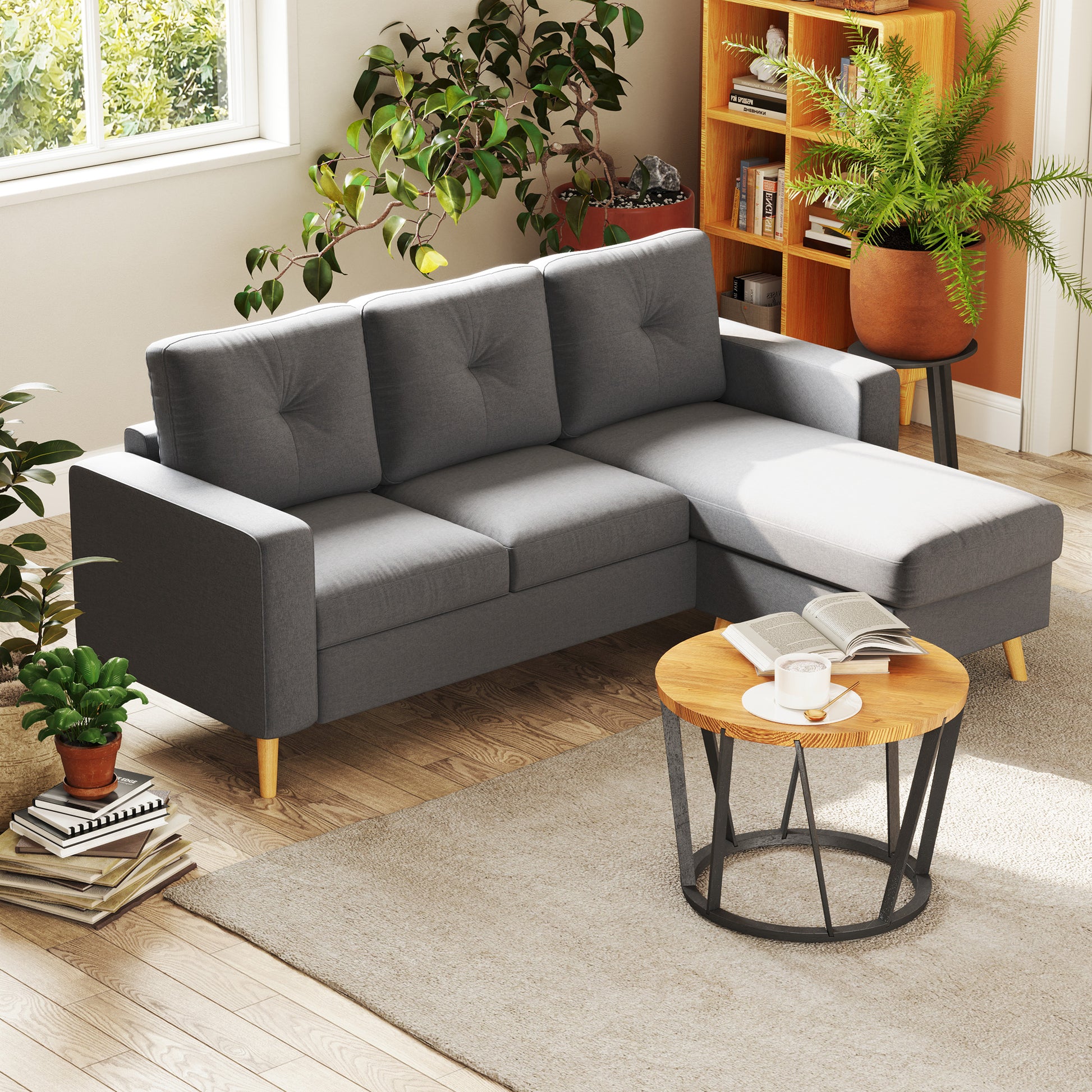 Ecksofa L-Form graue Eckcouch mit Chaiselongue Leinenoptik für 3 Personen 193x136x85cm Dunkelgrau