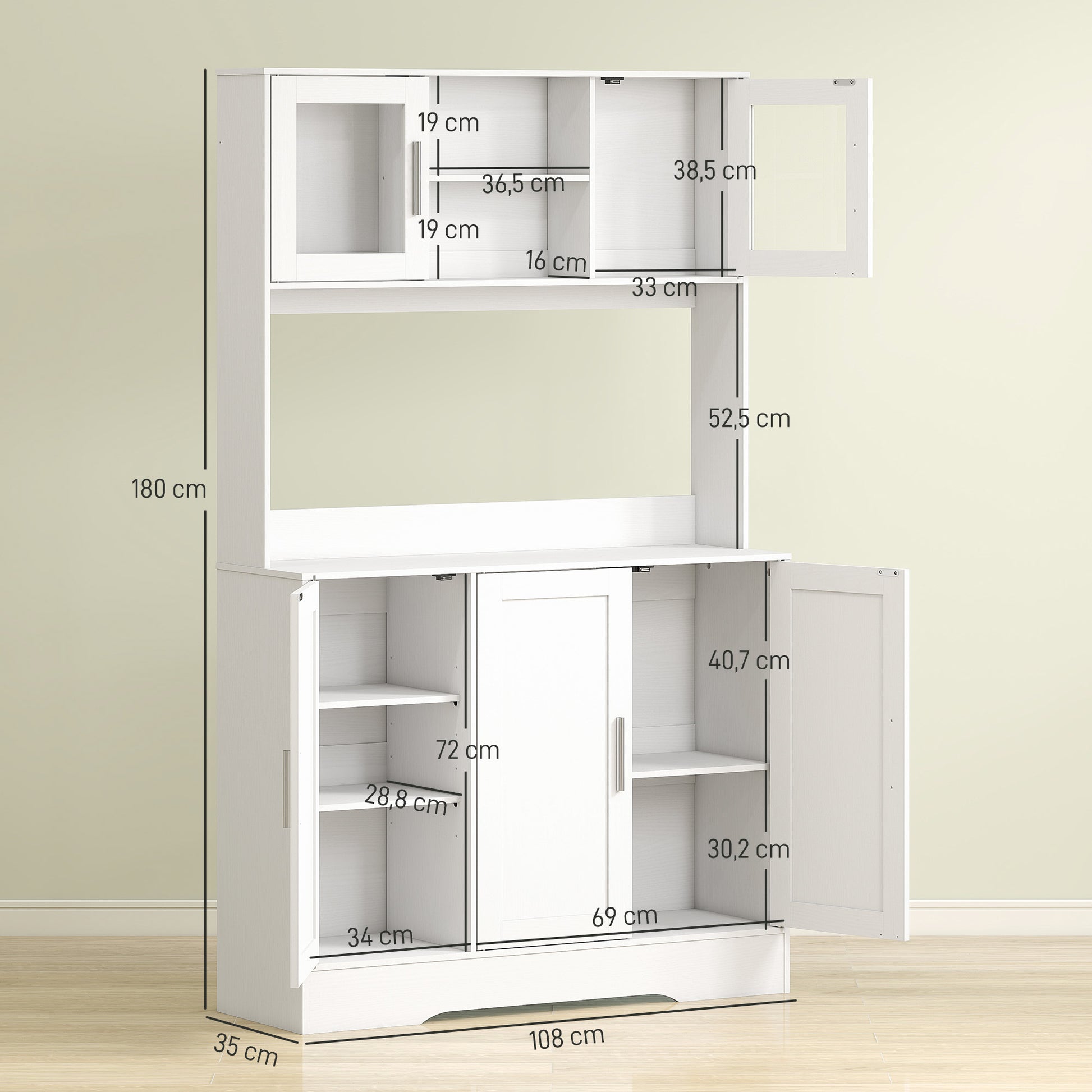 Küchenschrank, Skandinavisches Design, verstellbare Regale, Glastüren, offene Fläche, Spanplatte, MDF