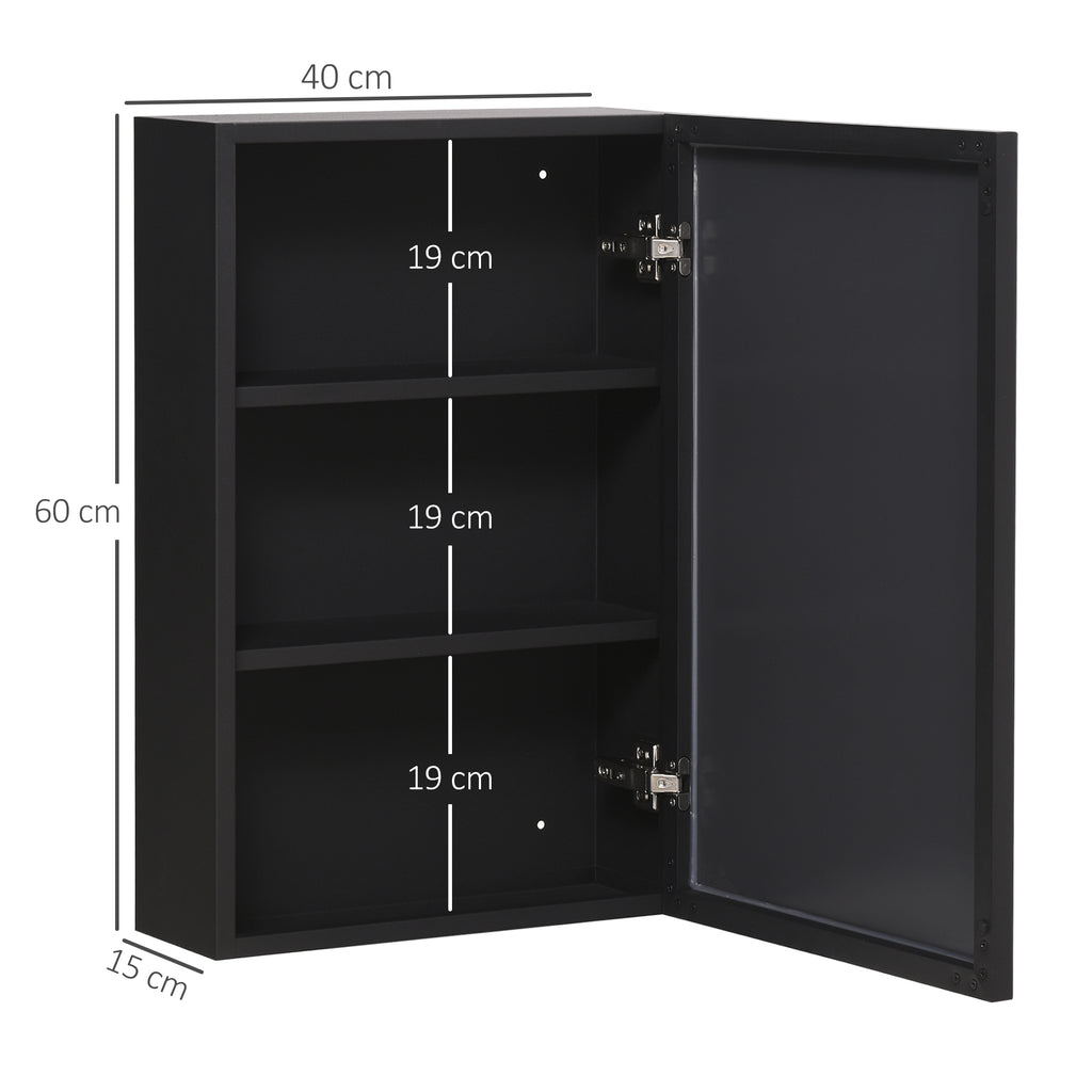 Spiegelschrank, 3 Regalfächer, weiche Scharniere, Stahlgehäuse, schwarz, 40 x 15 x 60 cm