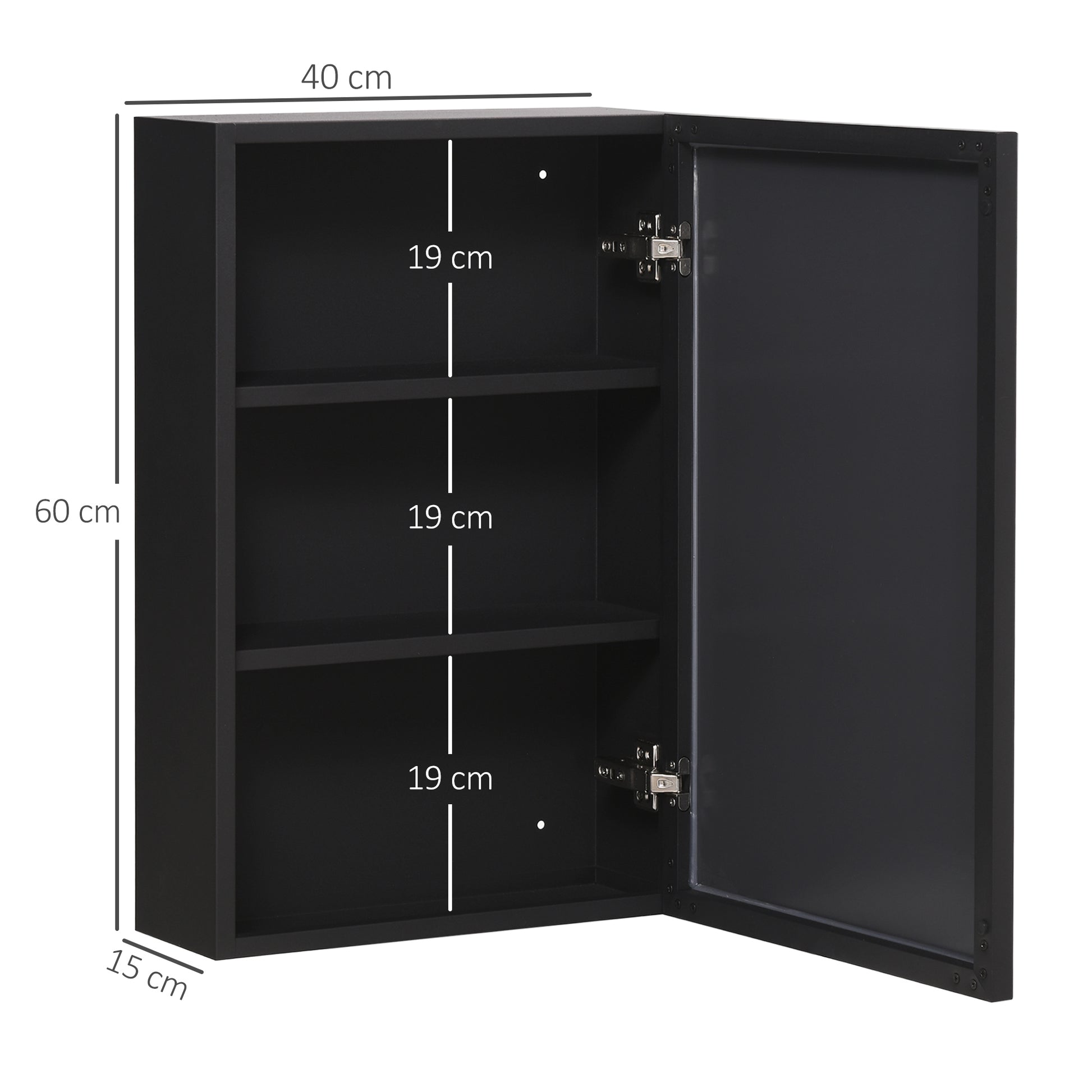 Spiegelschrank, 3 Regalfächer, weiche Scharniere, Stahlgehäuse, schwarz, 40 x 15 x 60 cm