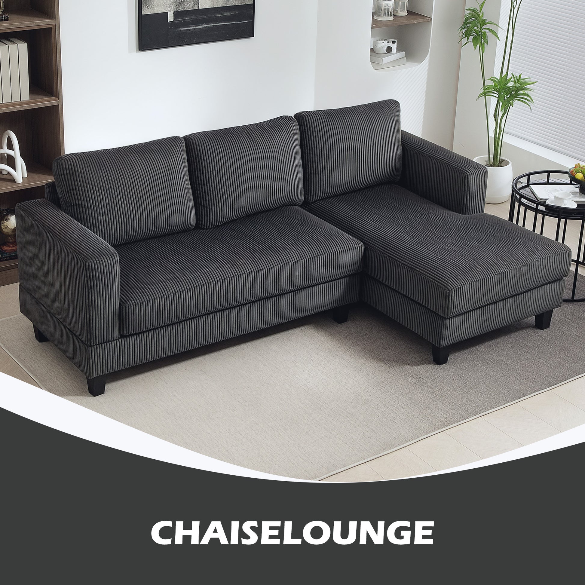 Ecksofa mit Chaiselongue 3 Sitzer L Form Gepolsterte mit Cord-Optik, Hochdichtem Schaumstoff, 214 x 134 x 87 cm Dunkelgrau