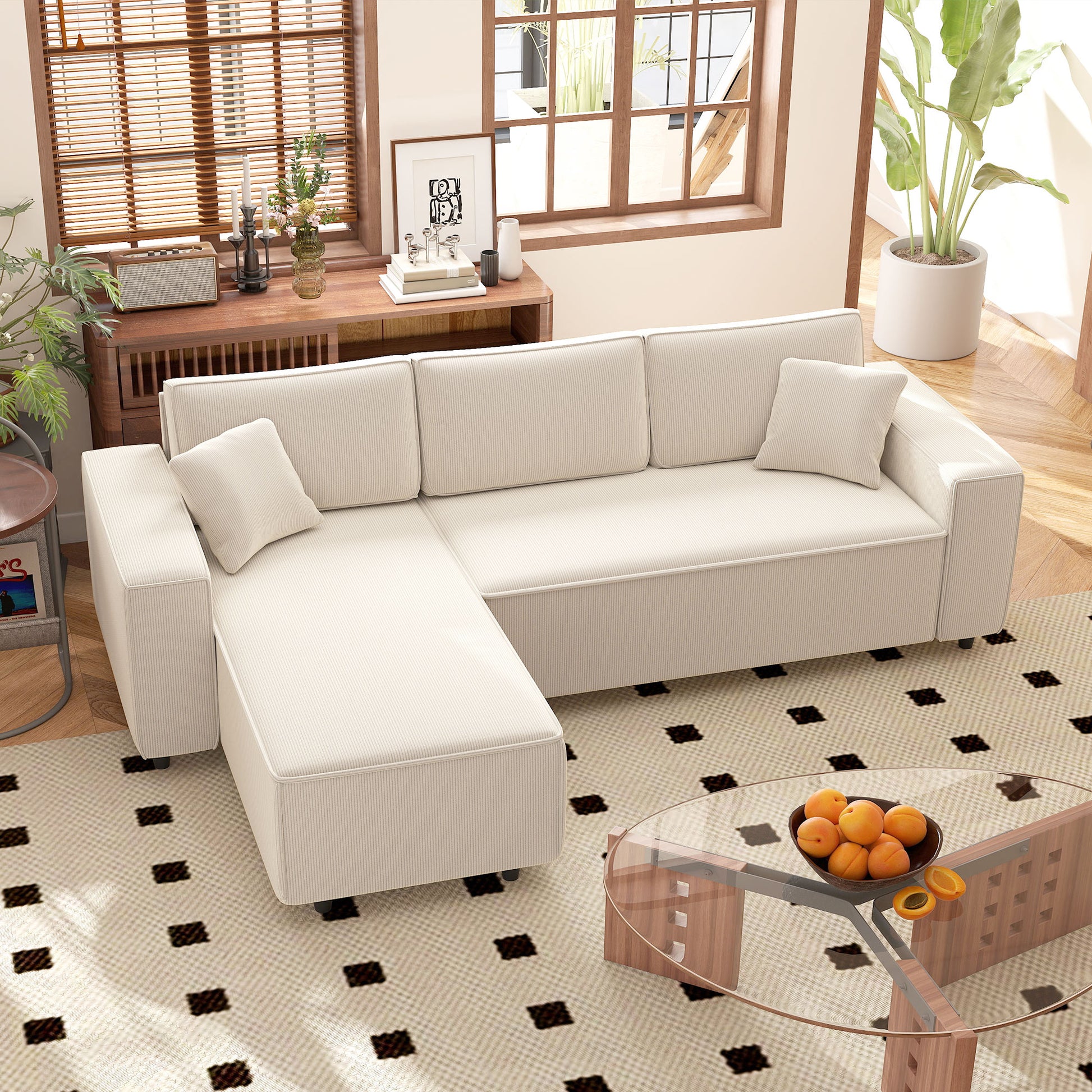 Ecksofa 3-Sitzer in L-Form Eckcouch mit Umkehrbarer Chaiselongue, 241x153x83 cm Cremeweiß