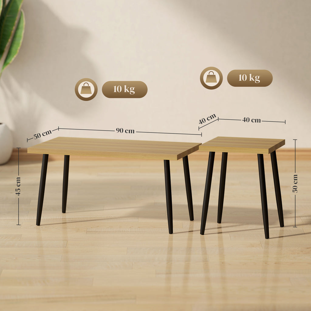 2er-Set Kaffeetische mit Metallrahmen und Holzplatte, Flexible Couchtische, Naturholz