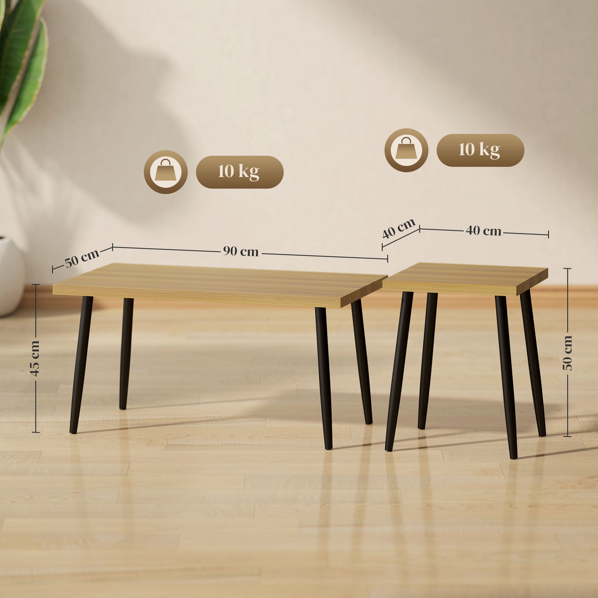 2er-Set Kaffeetische mit Metallrahmen und Holzplatte, Flexible Couchtische, Naturholz