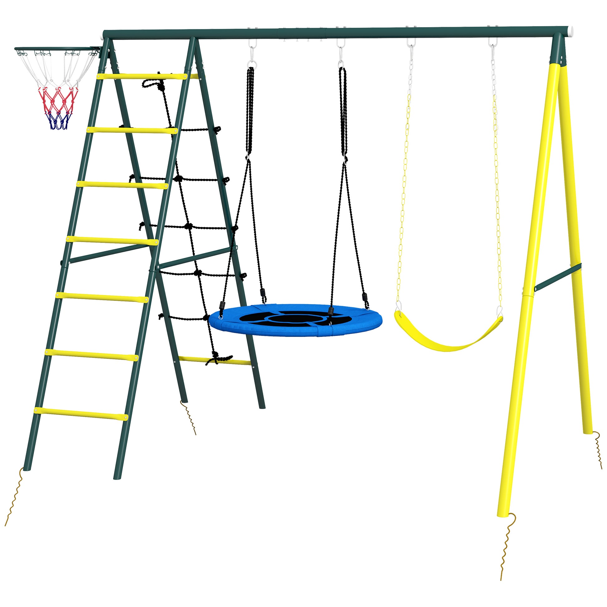 Kinderschaukel-Gerüst mit 2 Schaukeln, Basketballkorb, Kletterleiter, 267x180x202 cm