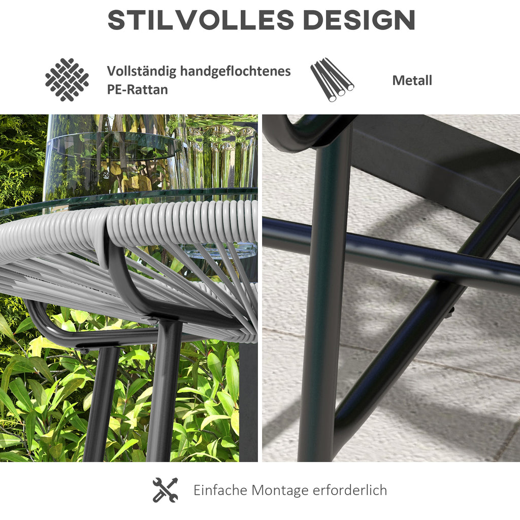 Gartentisch Boho-Stil, PE-Rattan, gehärtetes Glas, wetterbeständig, 50 cm x 50 cm, Grau
