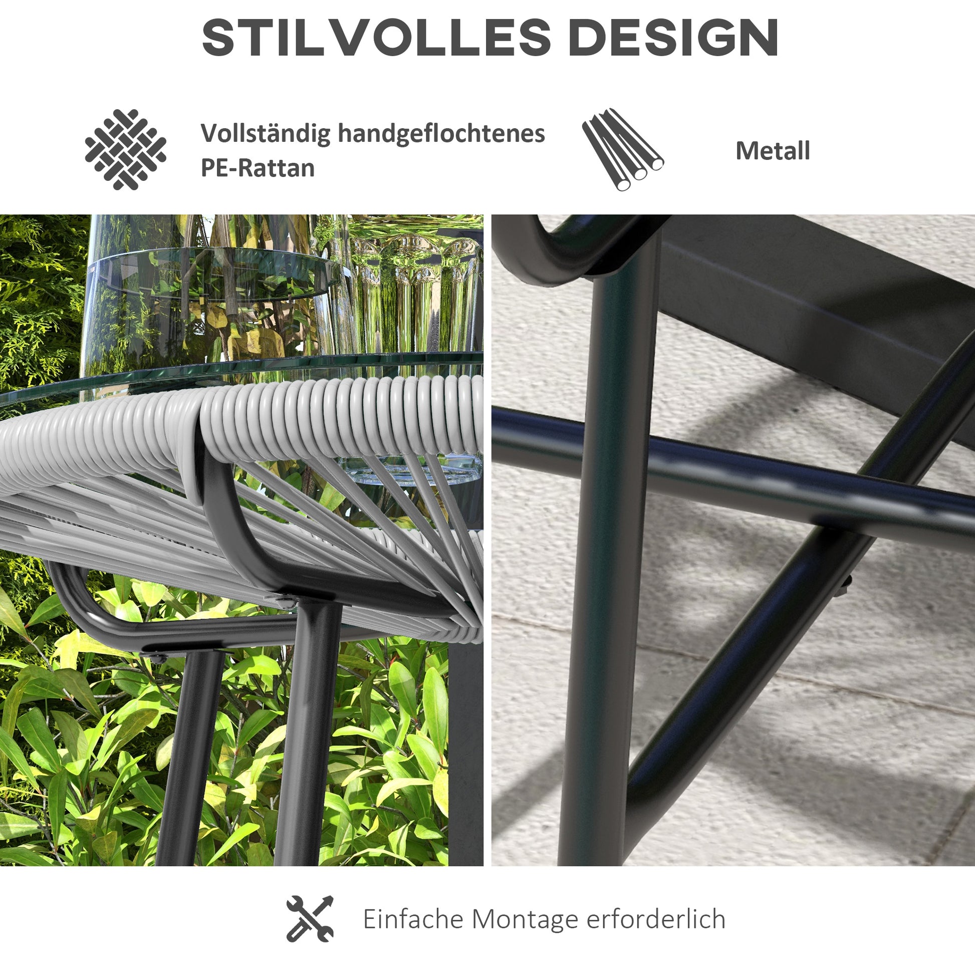 Gartentisch Boho-Stil, PE-Rattan, gehärtetes Glas, wetterbeständig, 50 cm x 50 cm, Grau