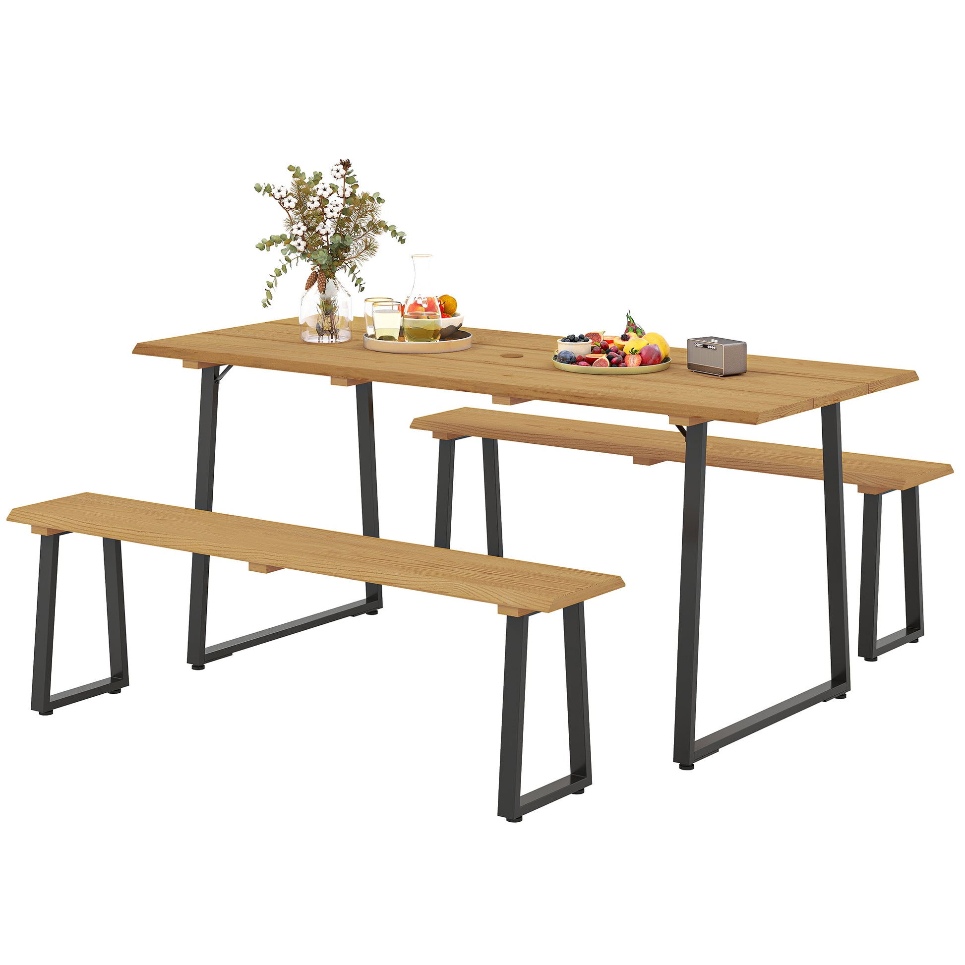 Sitzgruppe 3-teilig Holz für 6 Personen Esstisch mit 2 Bänke Schirmloch Holztisch Naturholz