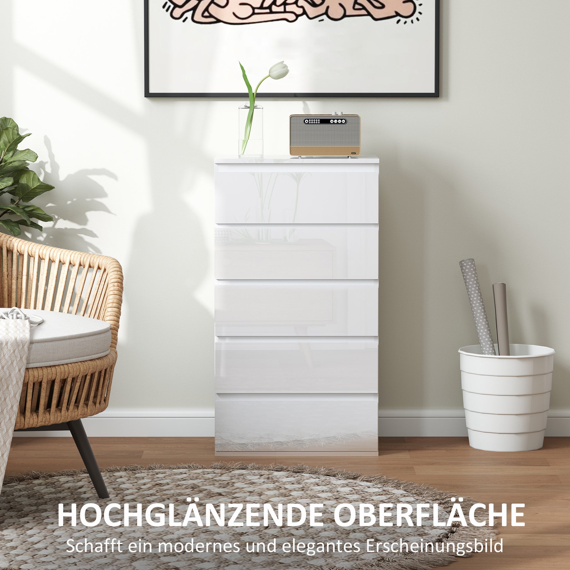 Kommode Sideboard Schubladenkommode, 5 Schubladen, 55 cm x 34 cm x 100 cm, Weiß