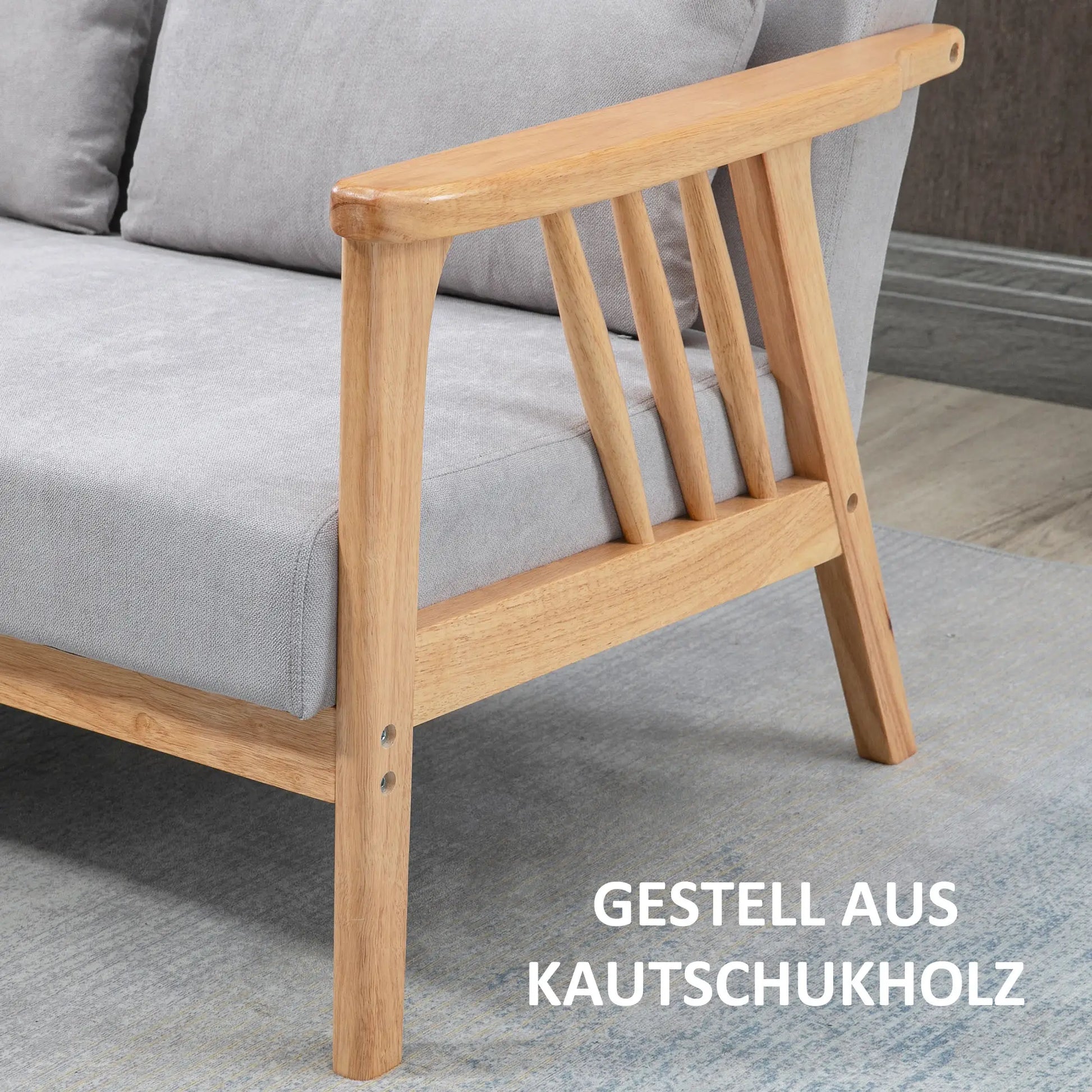 Sofa 2-Sitzersofa, inkl. 2 Kissen, Samtoptik, Kautschukholz, 130 cm x 75 cm x 78 cm, Grau + Natur