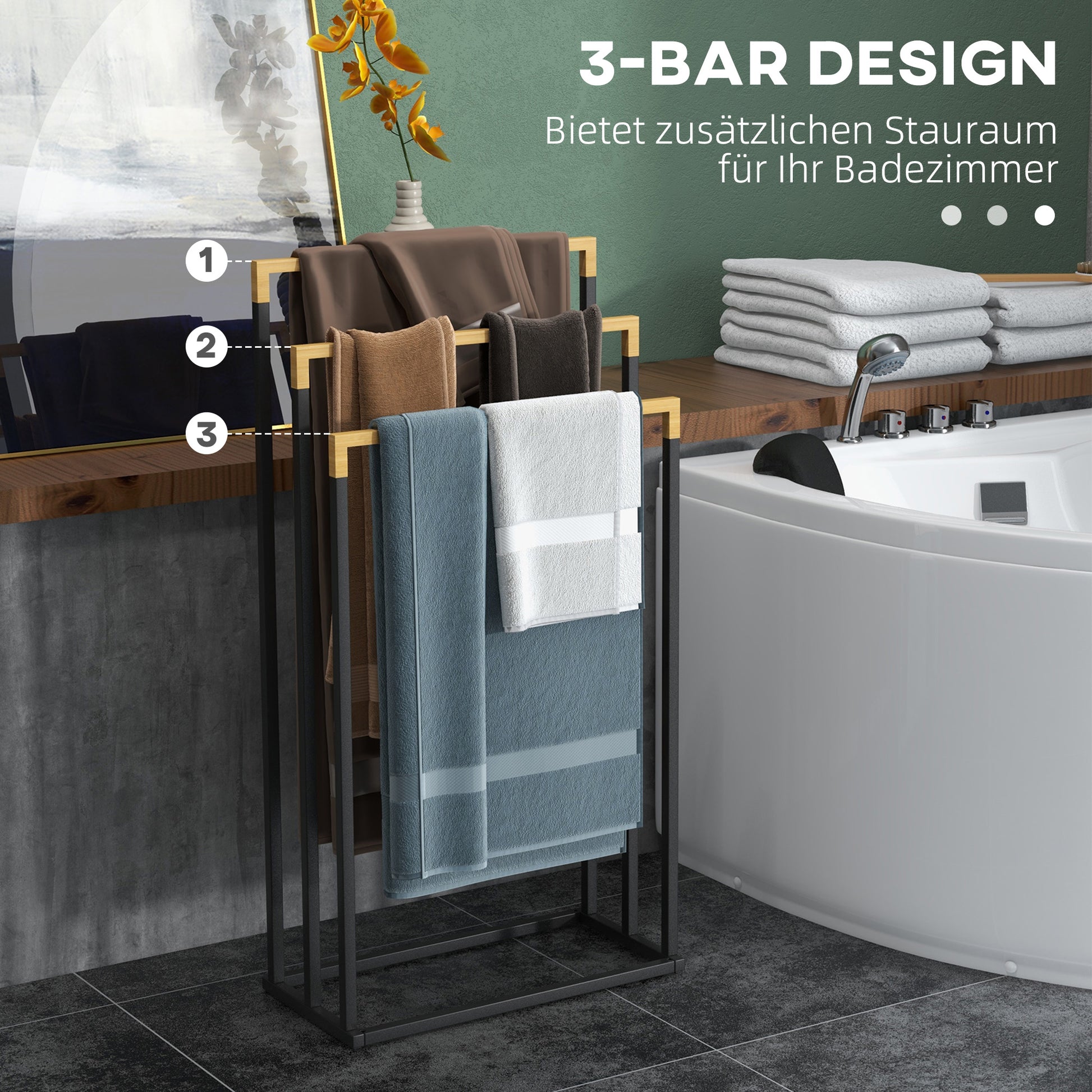 Handtuchalter-Set 3 Handtuchstangen, Industriedesign, Bambus, 45 x 22,5 x 86 cm