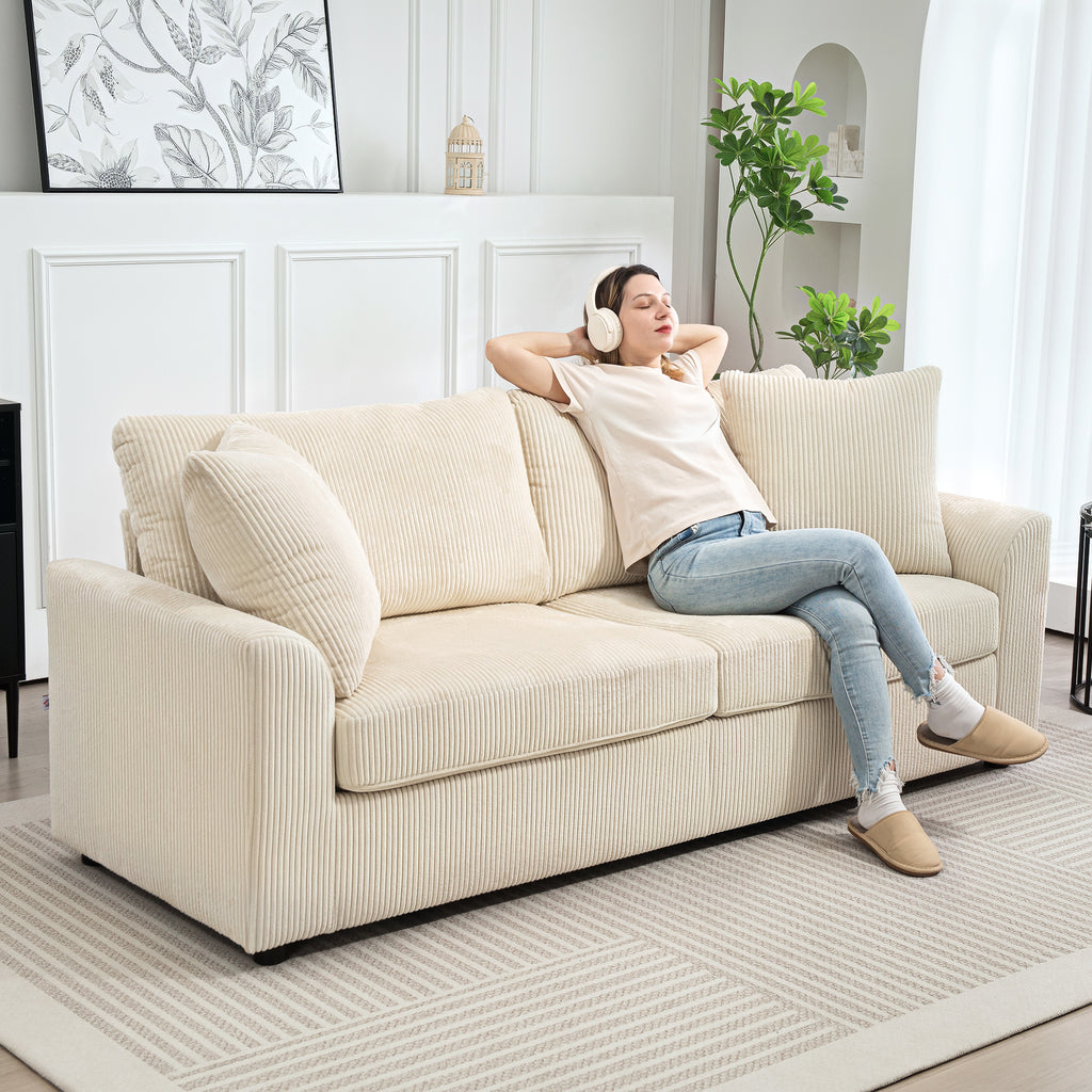 3-Sitzer-Sofa mit Zierkissen, Cordsofa für Wohnzimmer, 212 cm breit, Cremeweiß