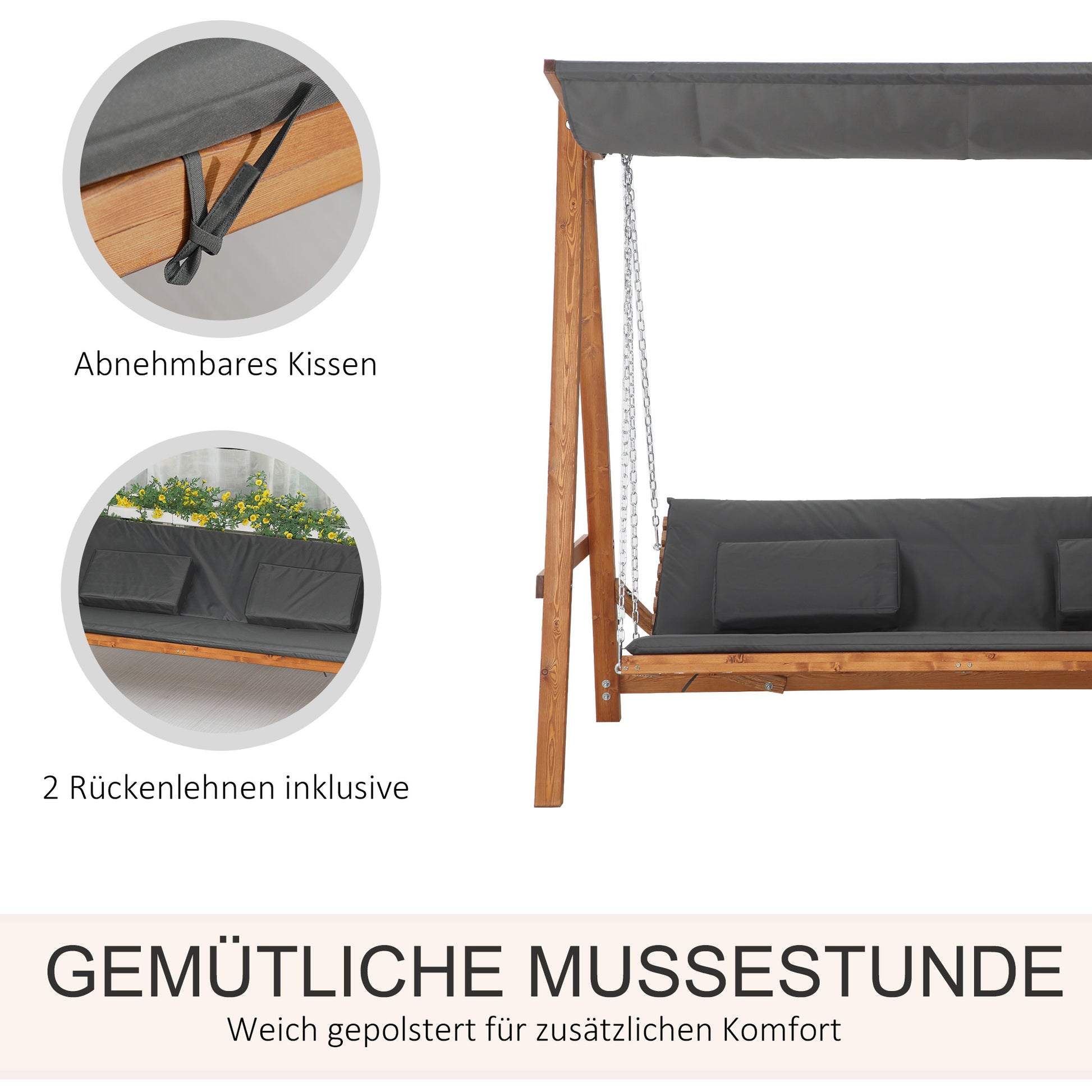 3-Sitzer Gartenschaukel mit verstellbarem Sonnendach Schaukelbank belast 250kg Grau+Teak