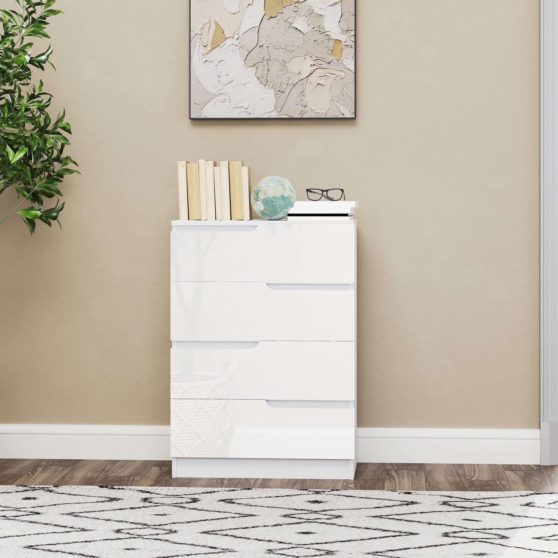 Moderne Kommode, Kleiderschrank, 4 Schubladen, Holz, Kippschutz, Fußpolster, Weiß