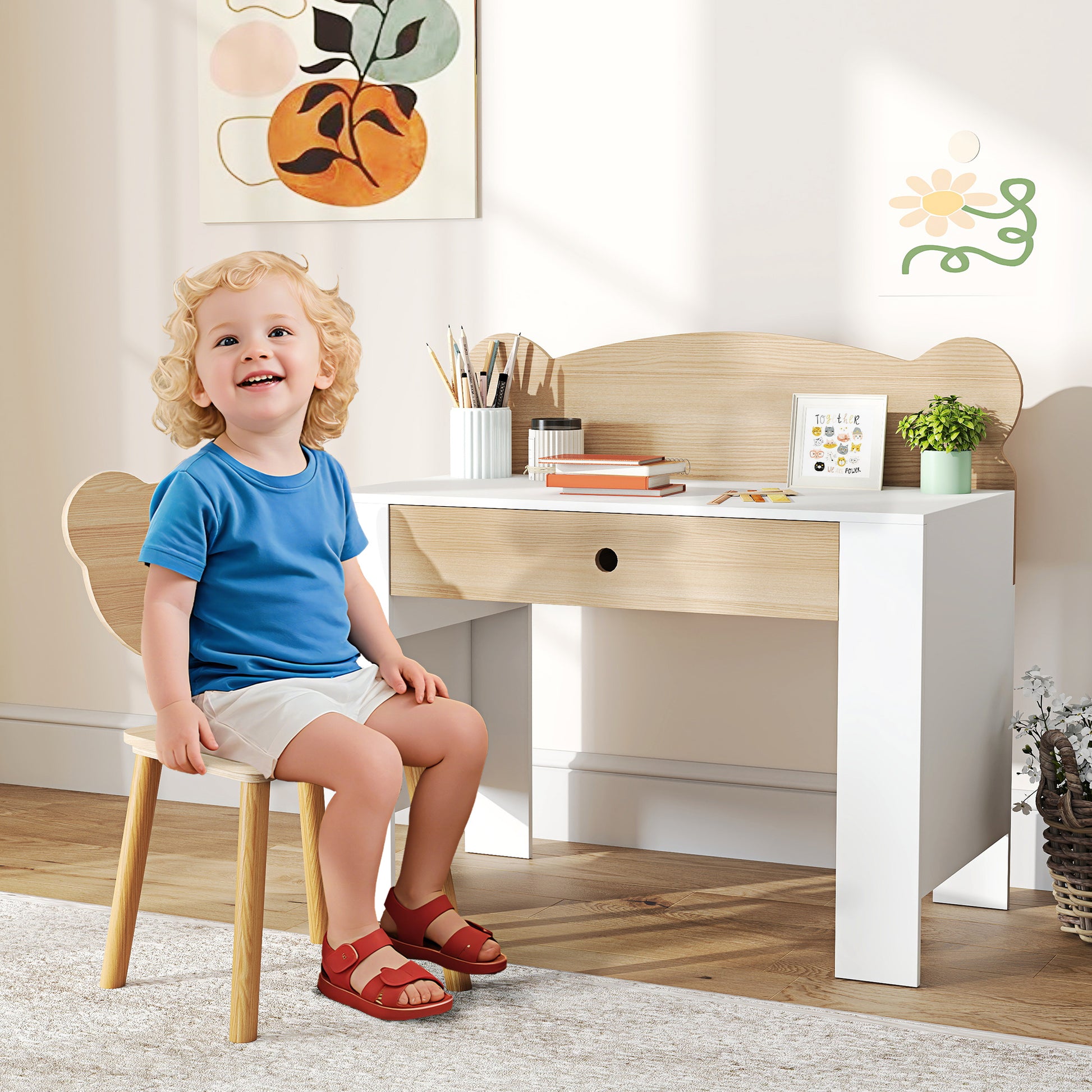 Schreibtisch-Set für Kinder, Schublade, zum Schreiben und Basteln, 3-8 Jahre, Naturholz