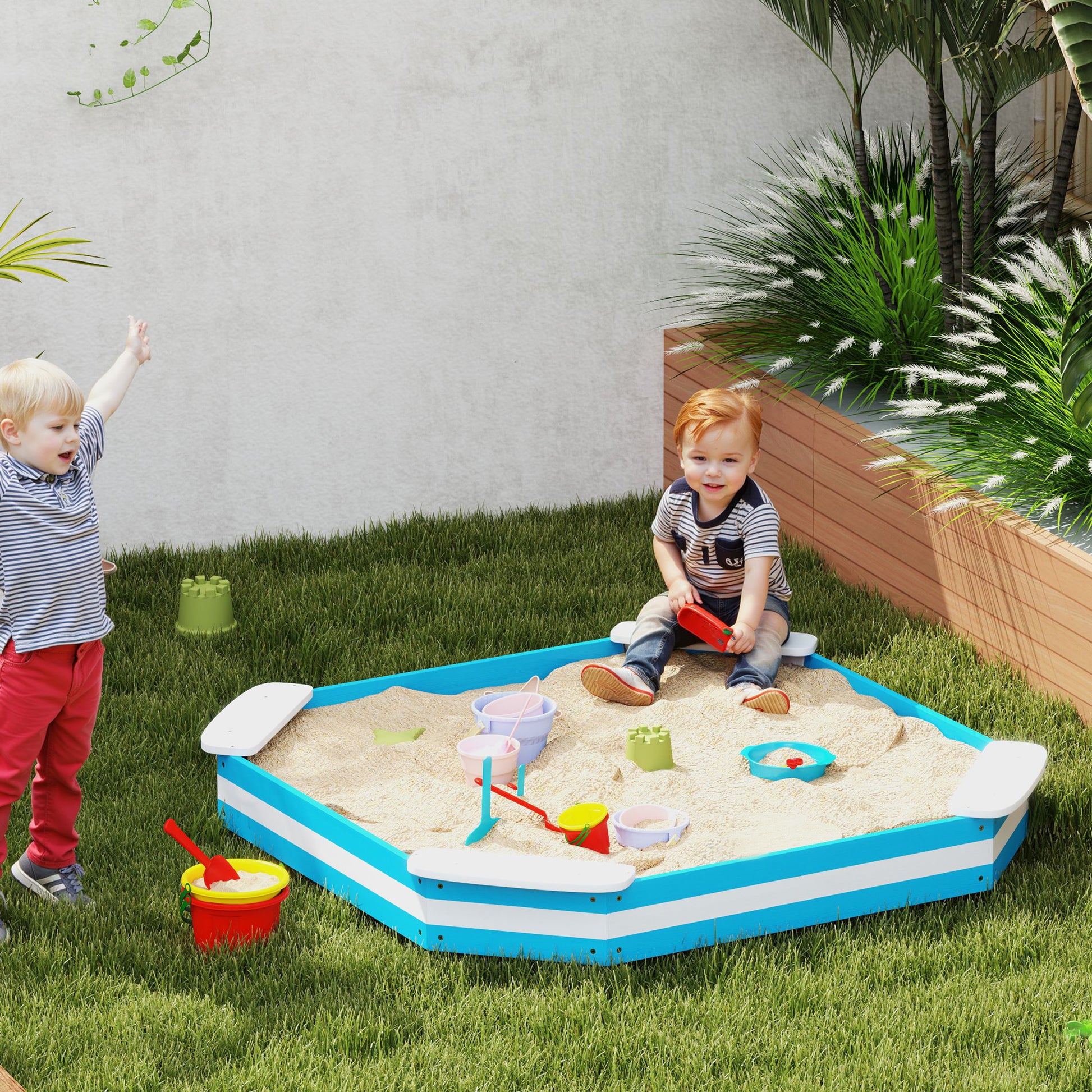 Sandkasten für Kinder, Sandkiste mit 4 Sitzen, Fichtenholz, bodenlos, Blau