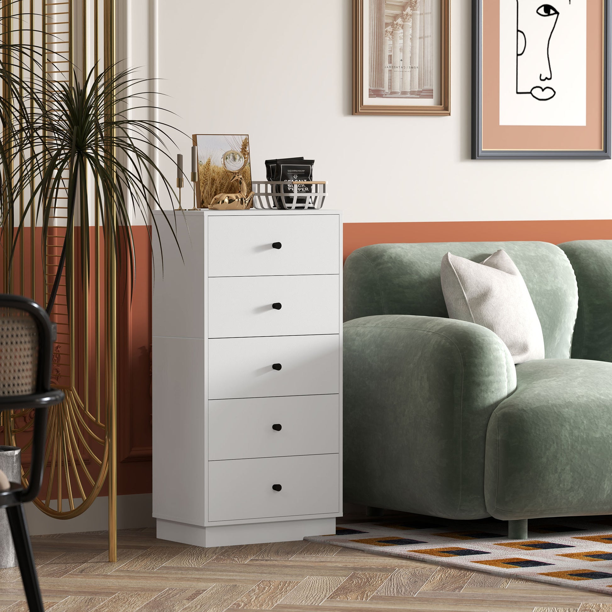 Kommode mit 5 Schubladen Schrank aus Holzwerkstoff im Modern Stil 47 x 29 x 95 cm Weiß