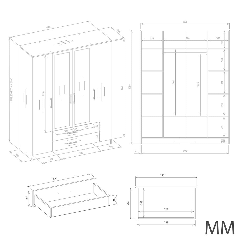 Kleiderschrank ROMANA – 80/120/160 cm, mit oder ohne Spiegel, mehrere Farben