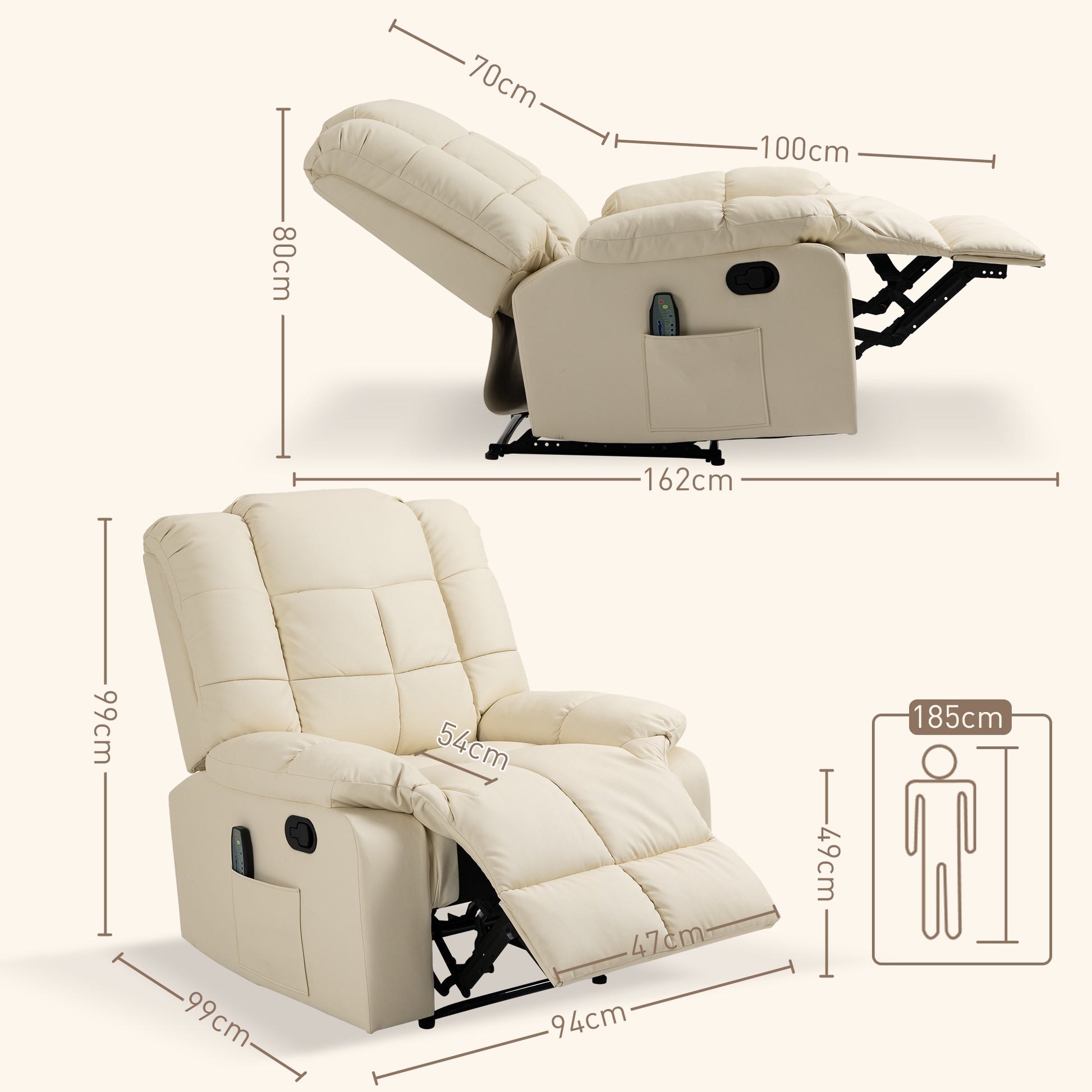 Massagesessel, Relaxsessel, 8 Vibrationspunkte, Liegefunktion, Kunstleder, 94x99x99cm