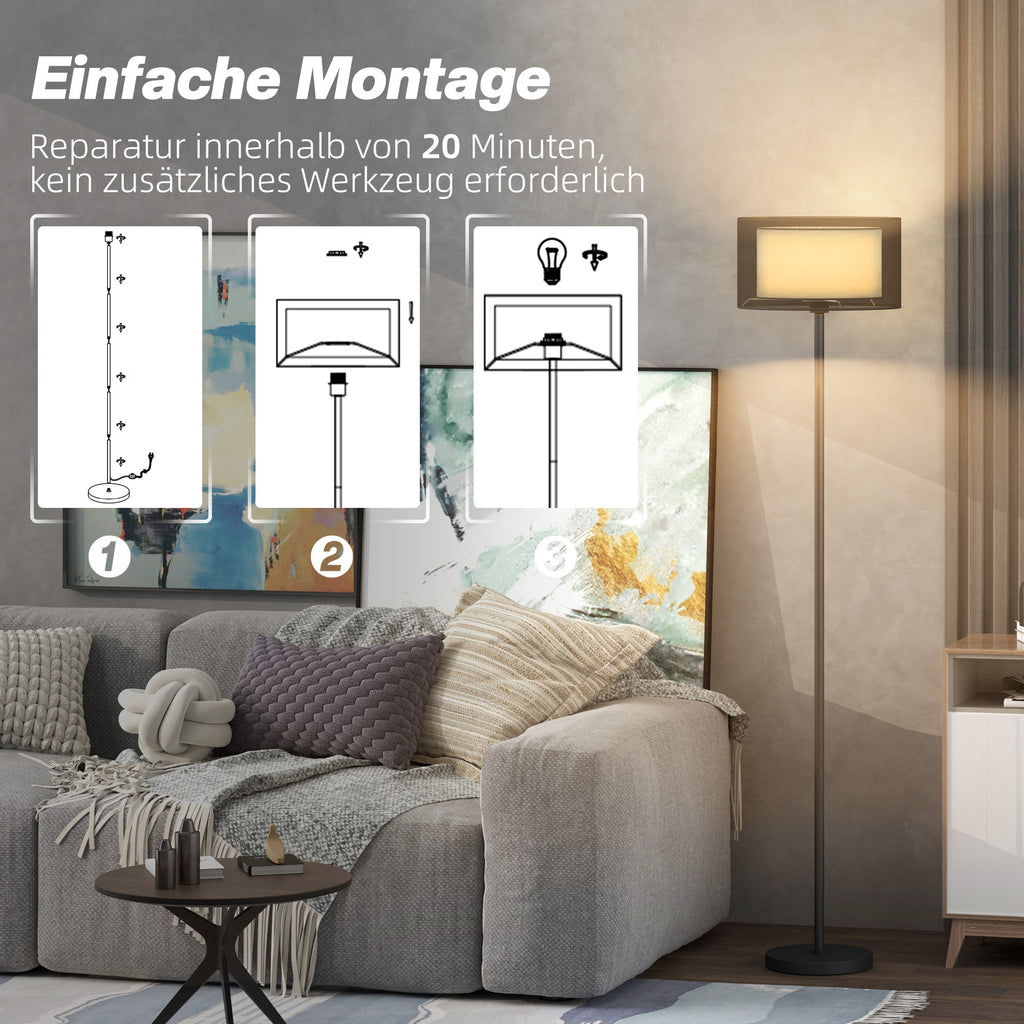 Stehlampe, zweifarbiger Lampenschirm, Fußschalter, Metall, Schwarz